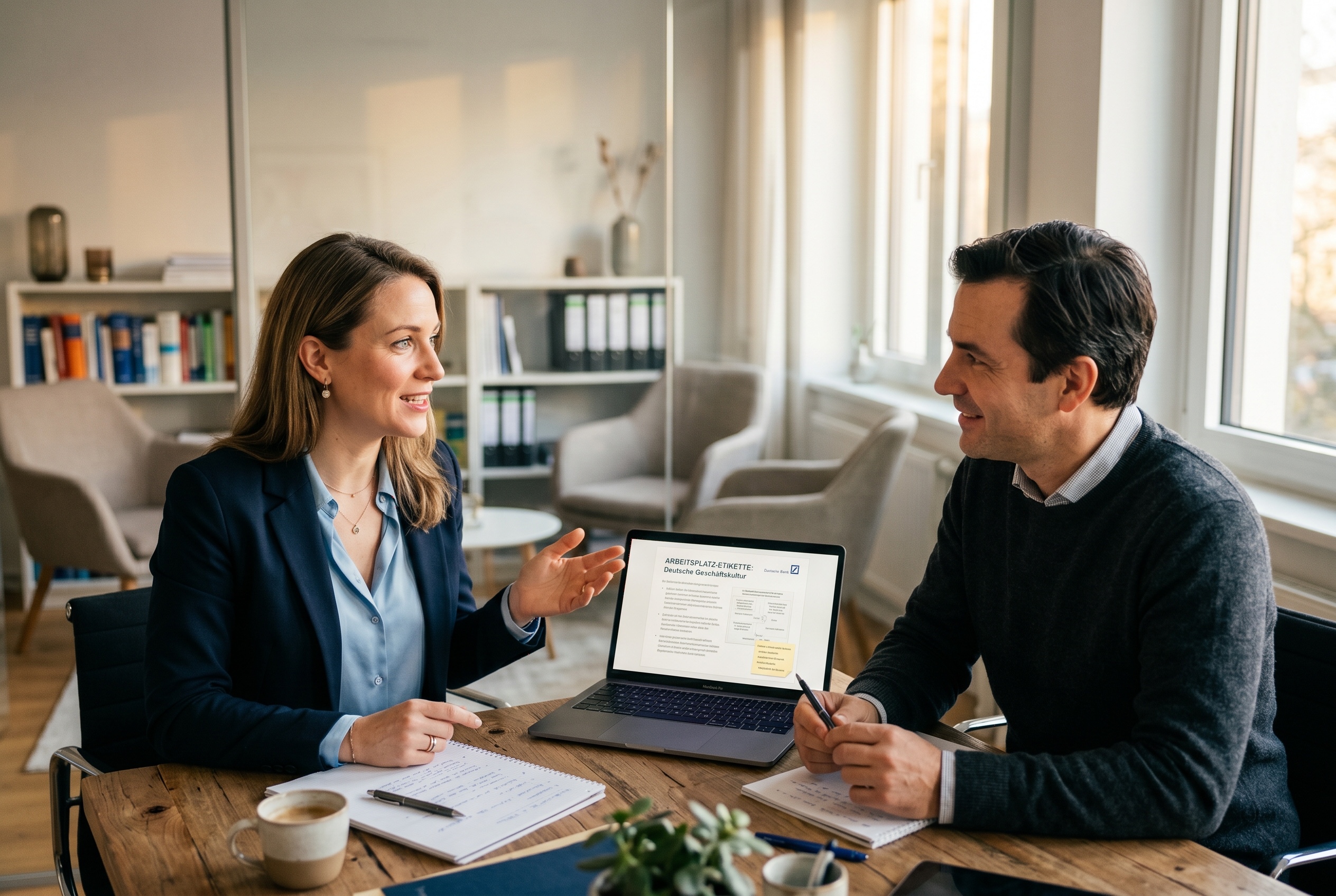 Business German tutor and adult professional student in conversation