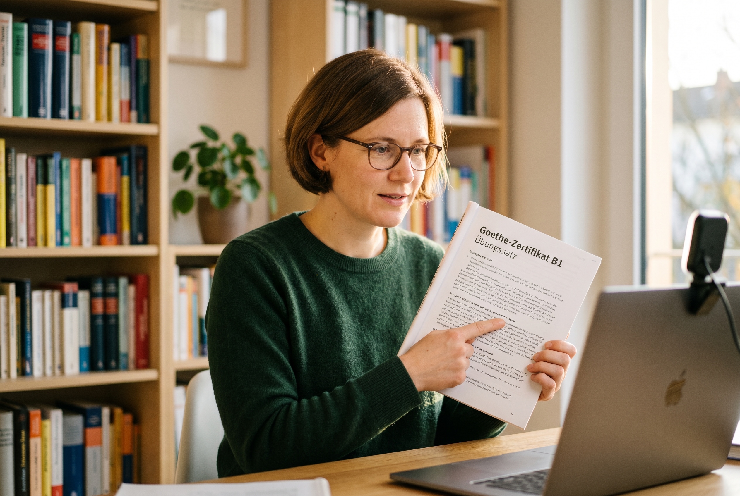 Goethe-Zertifikat prep tutor and adult student working through a sample paper together — Strommen