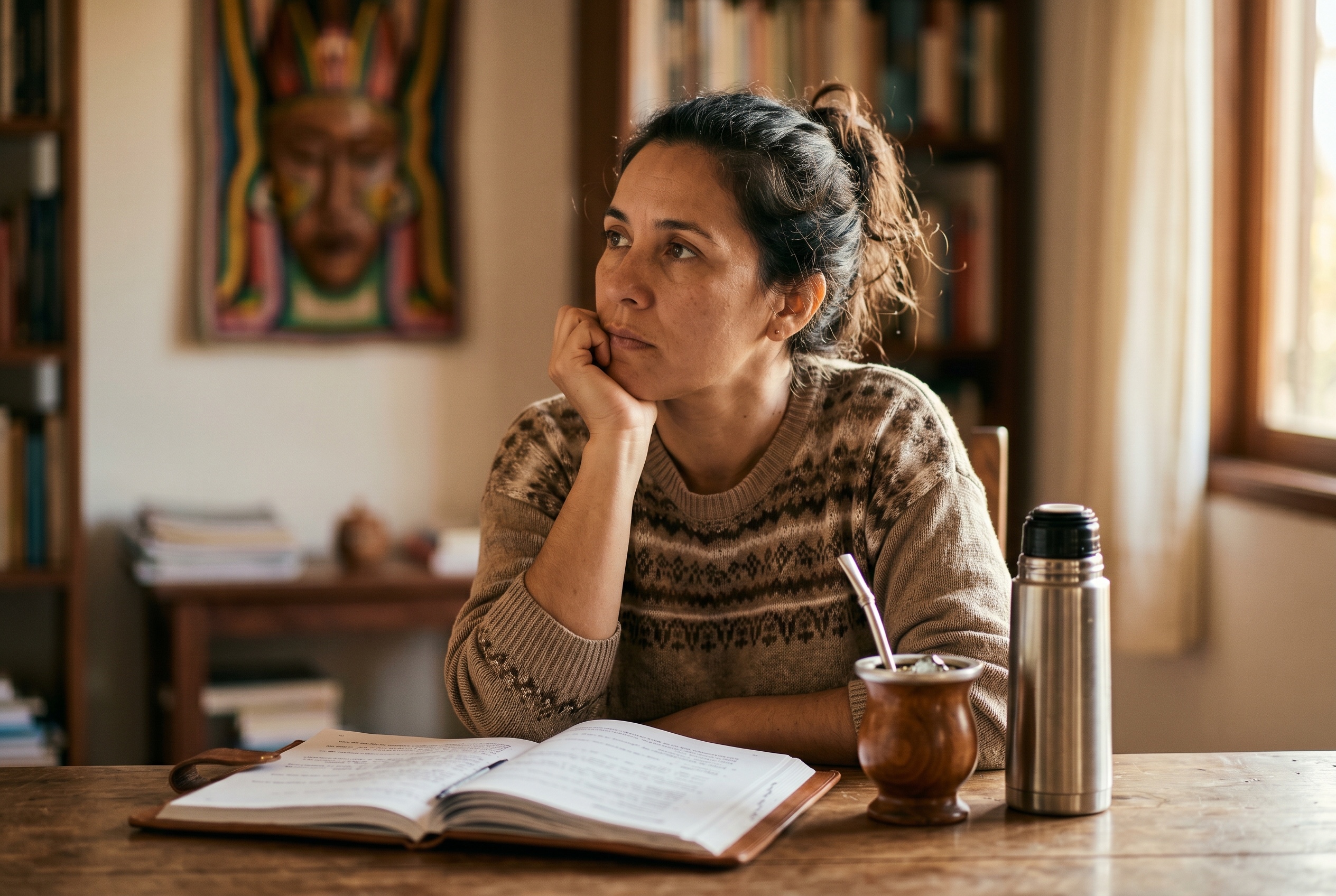 Guaranitic Spanish tutor and adult student in conversation, with a tereré gourd and Guaraní grammar book on the table — Strommen