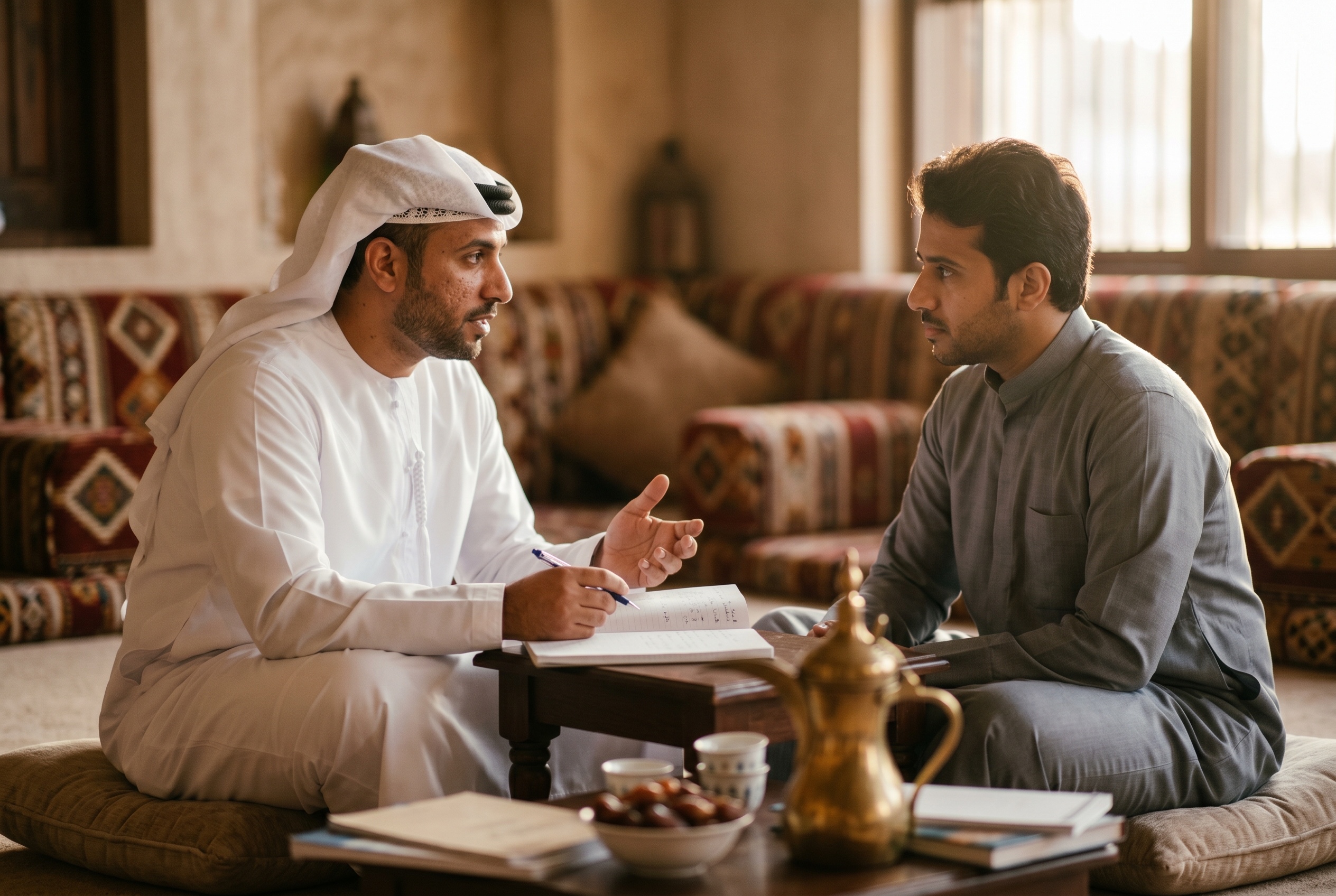 Gulf Arabic Khaleeji tutor and adult student in conversation during a lesson — Strommen