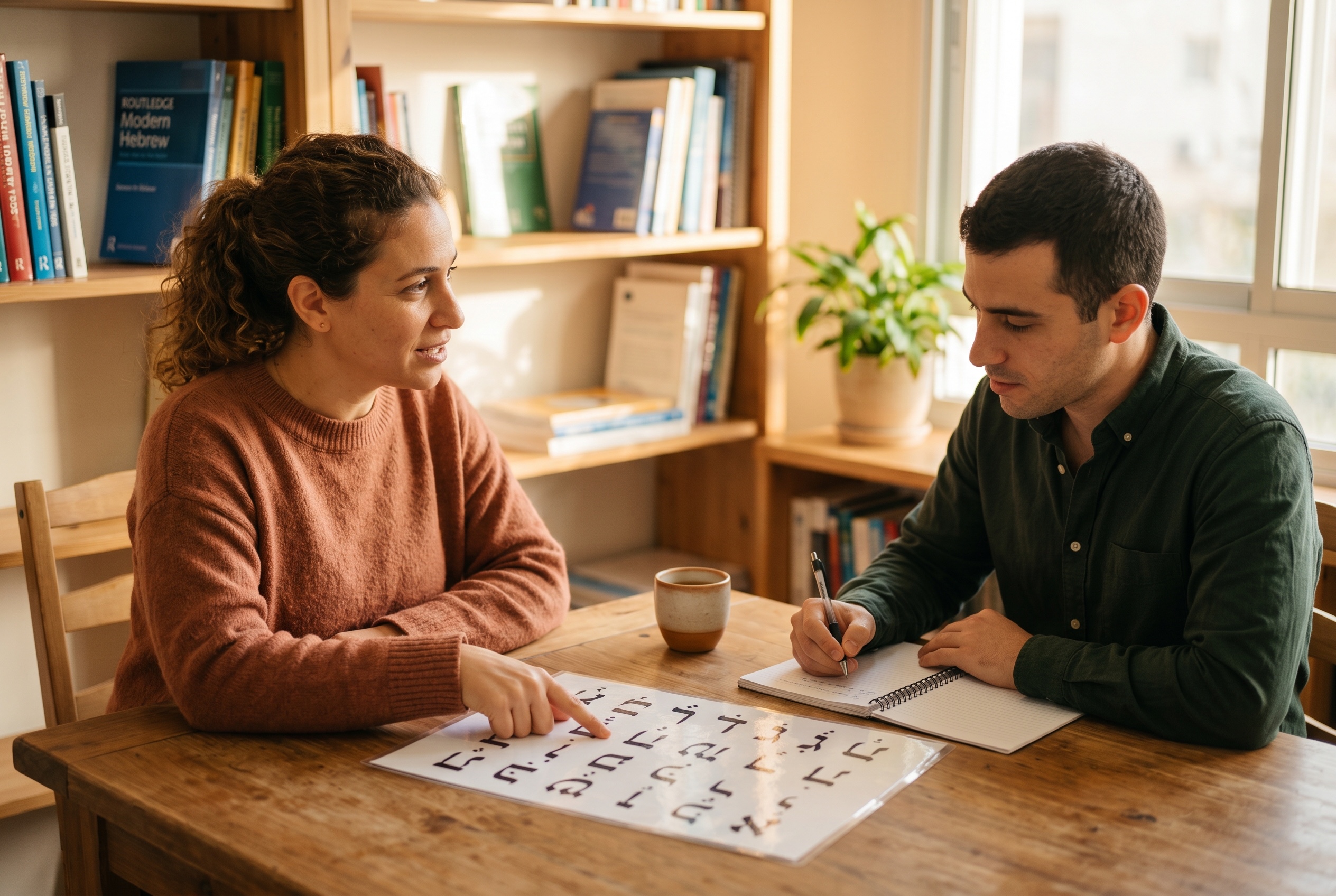 Hebrew tutor teaching a beginner adult student the alefbet — Strommen