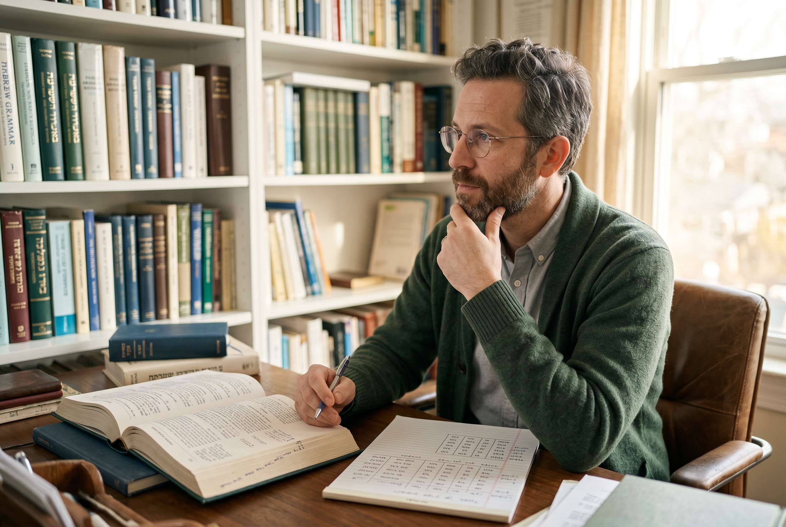Hebrew grammar tutor walking a student through the shoresh and binyanim — Strommen