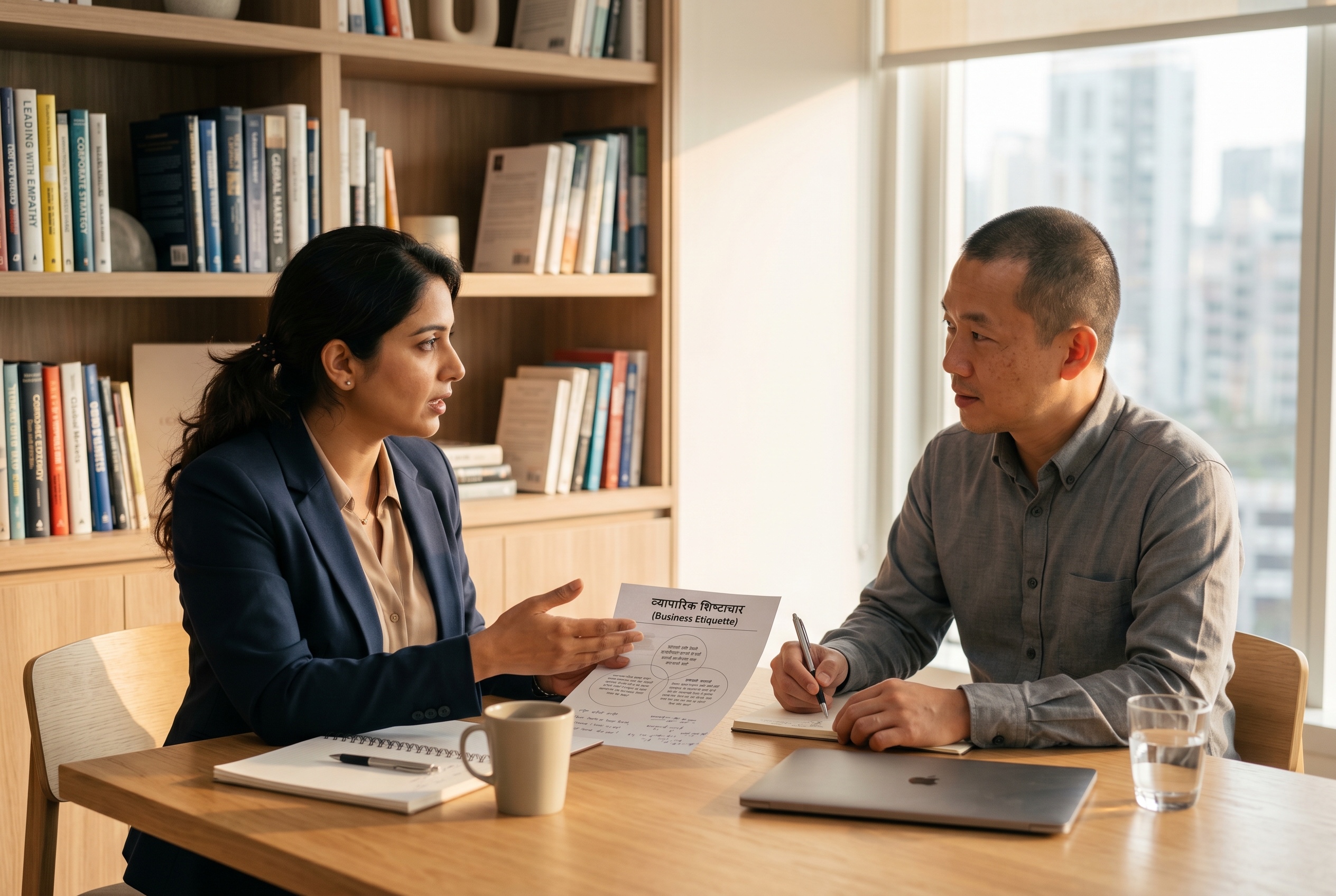 Hindi tutor working with a business professional on Hinglish workplace register