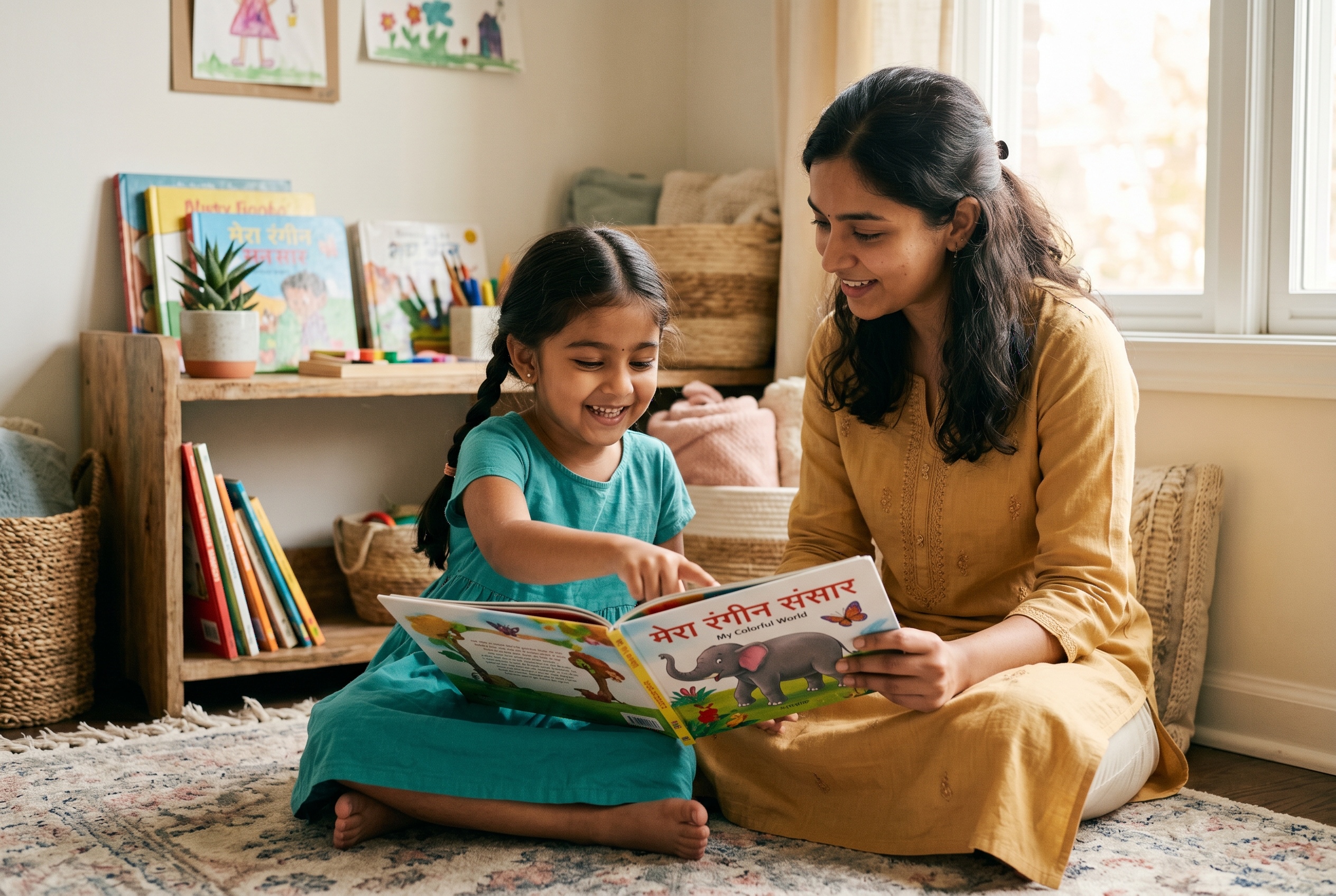 Hindi tutor reading a Panchatantra story with a young child