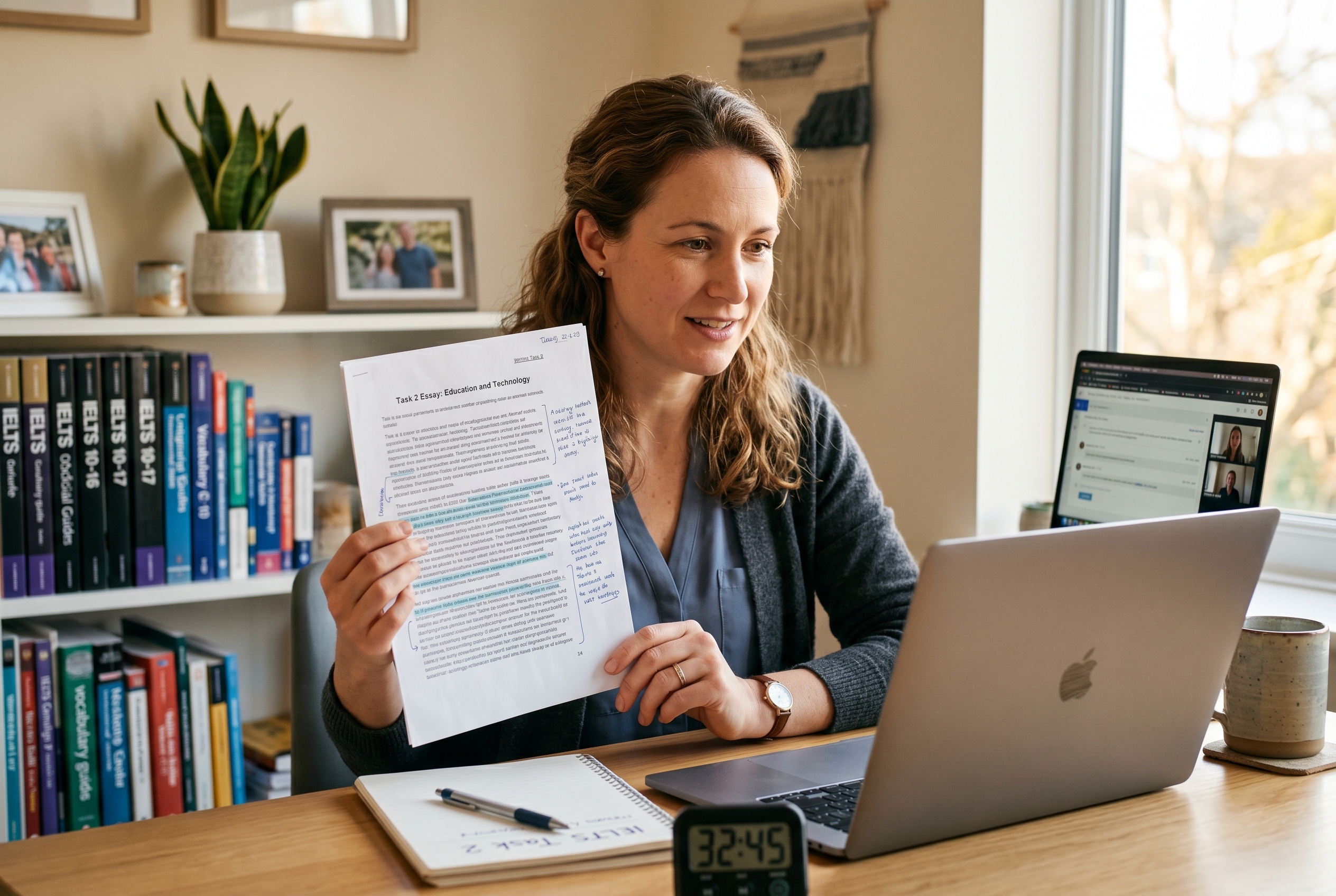 IELTS prep tutor and adult candidate working through a sample paper together — Strommen
