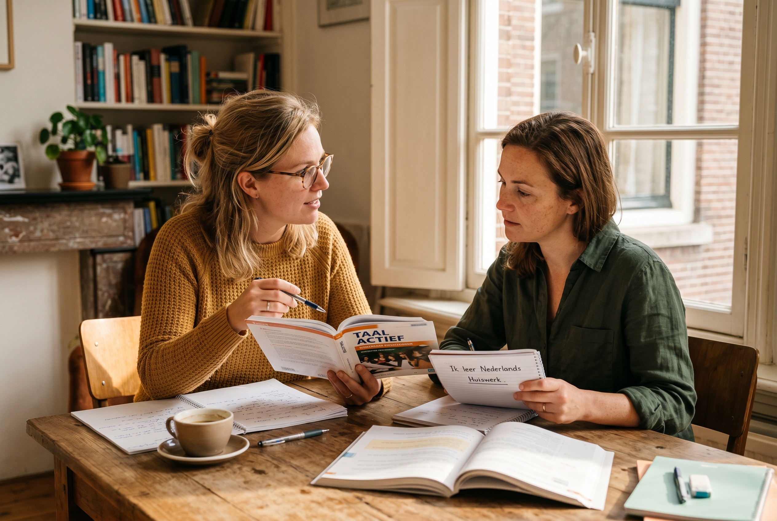 Intensive Dutch tutor and adult student working through a textbook in a focused lesson — Strommen