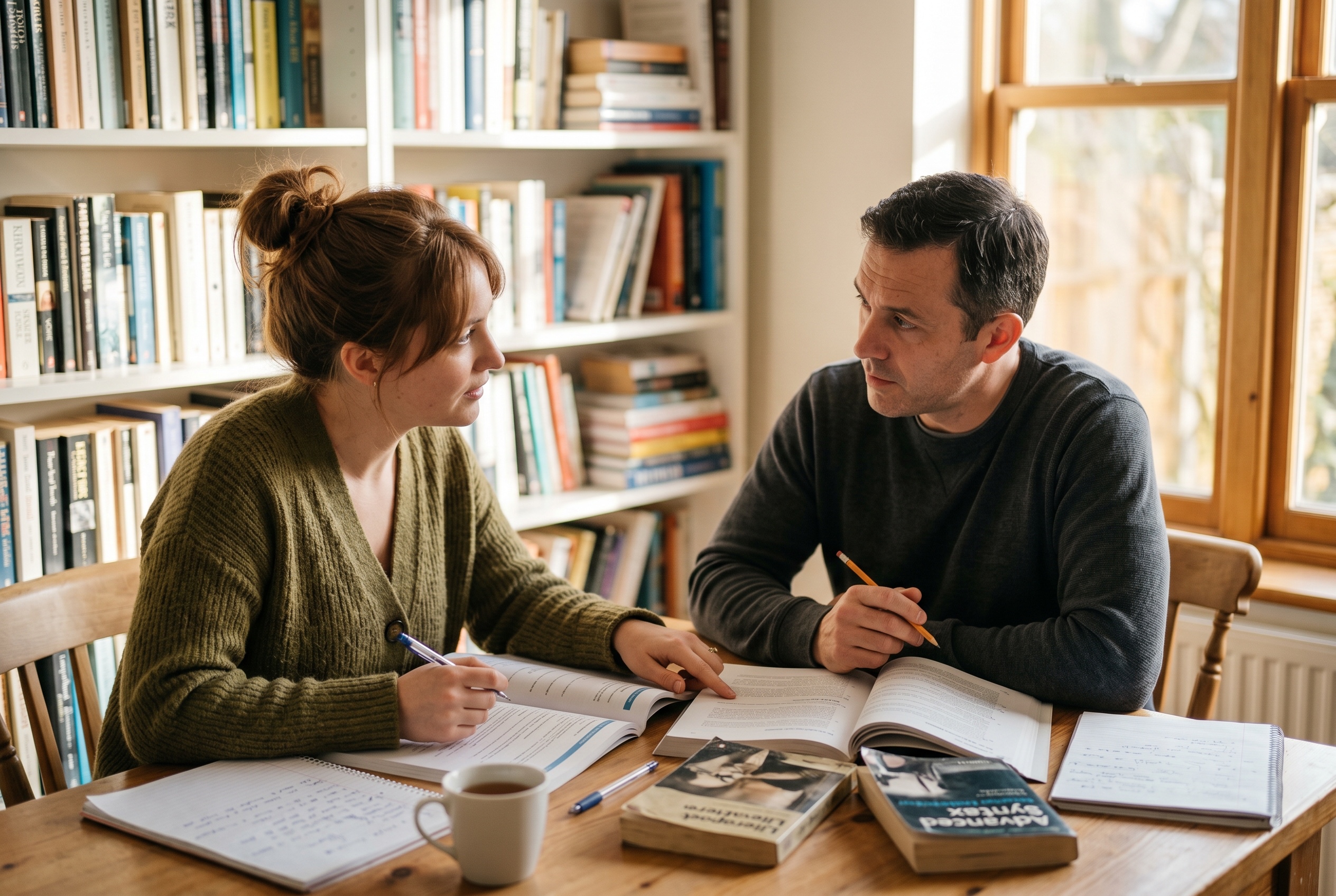 Intensive English tutor and adult ESL student working through a structured immersion session