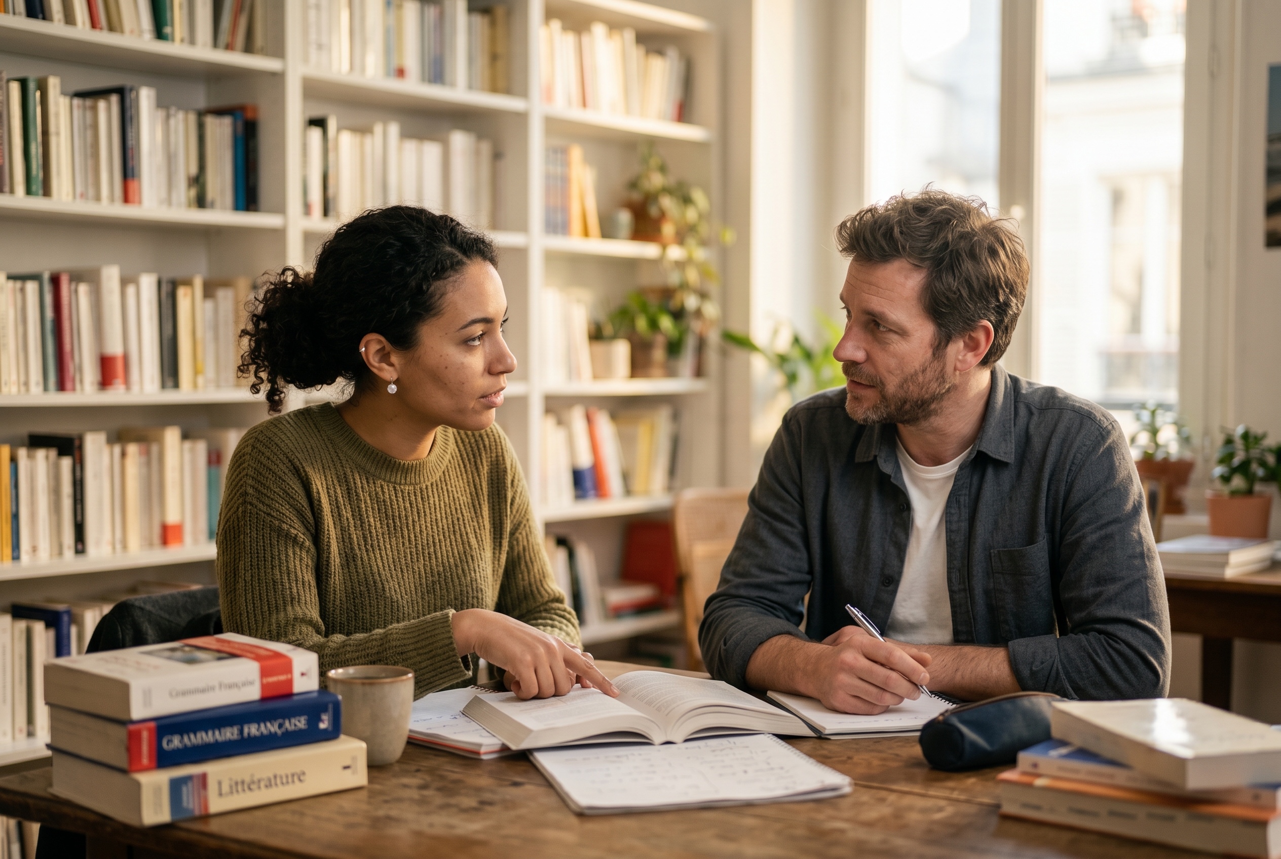 Intensive French tutor leading a fast-paced immersive lesson with an adult student — Strommen