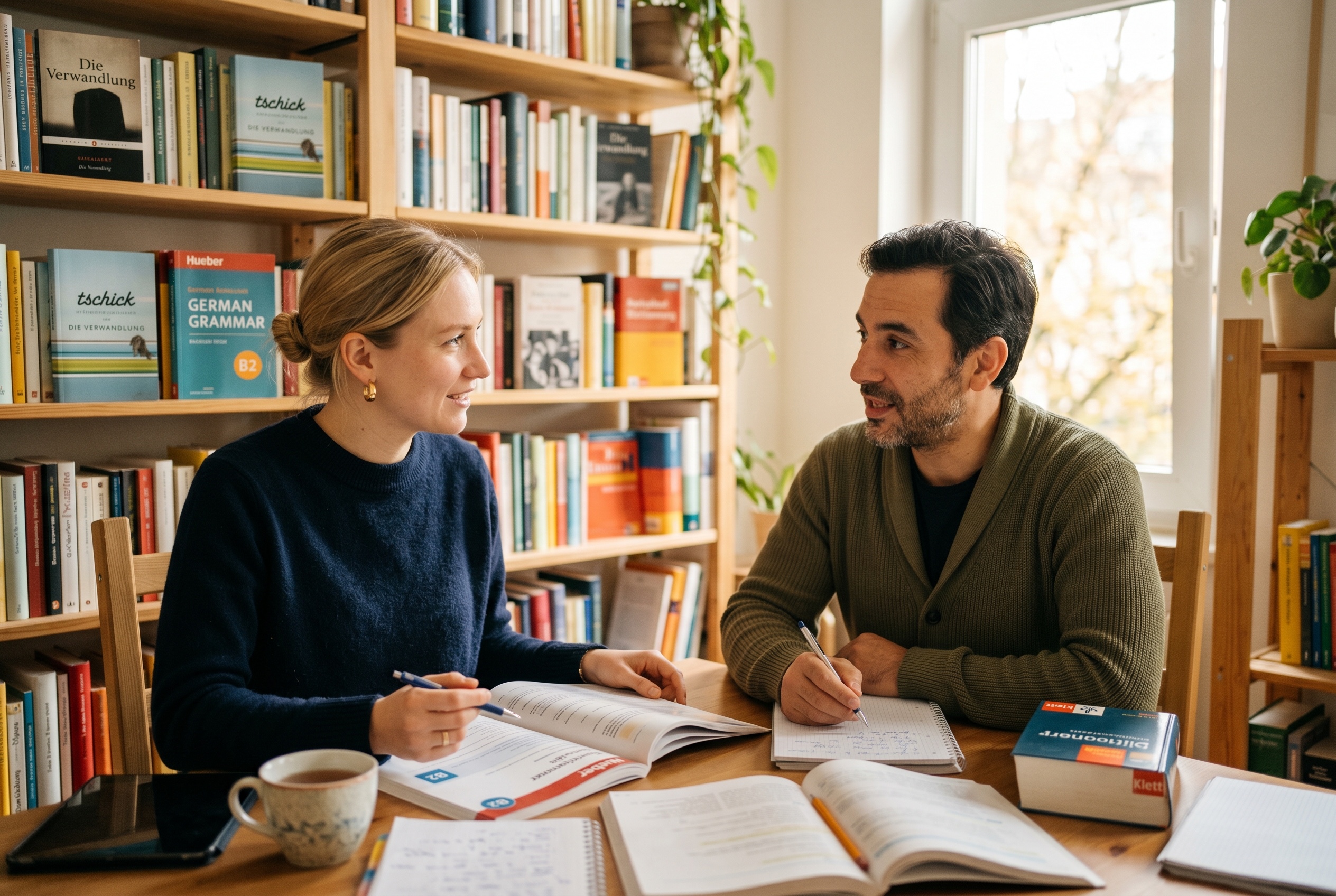 Intensive German tutor running a focused immersion-style session with an adult student