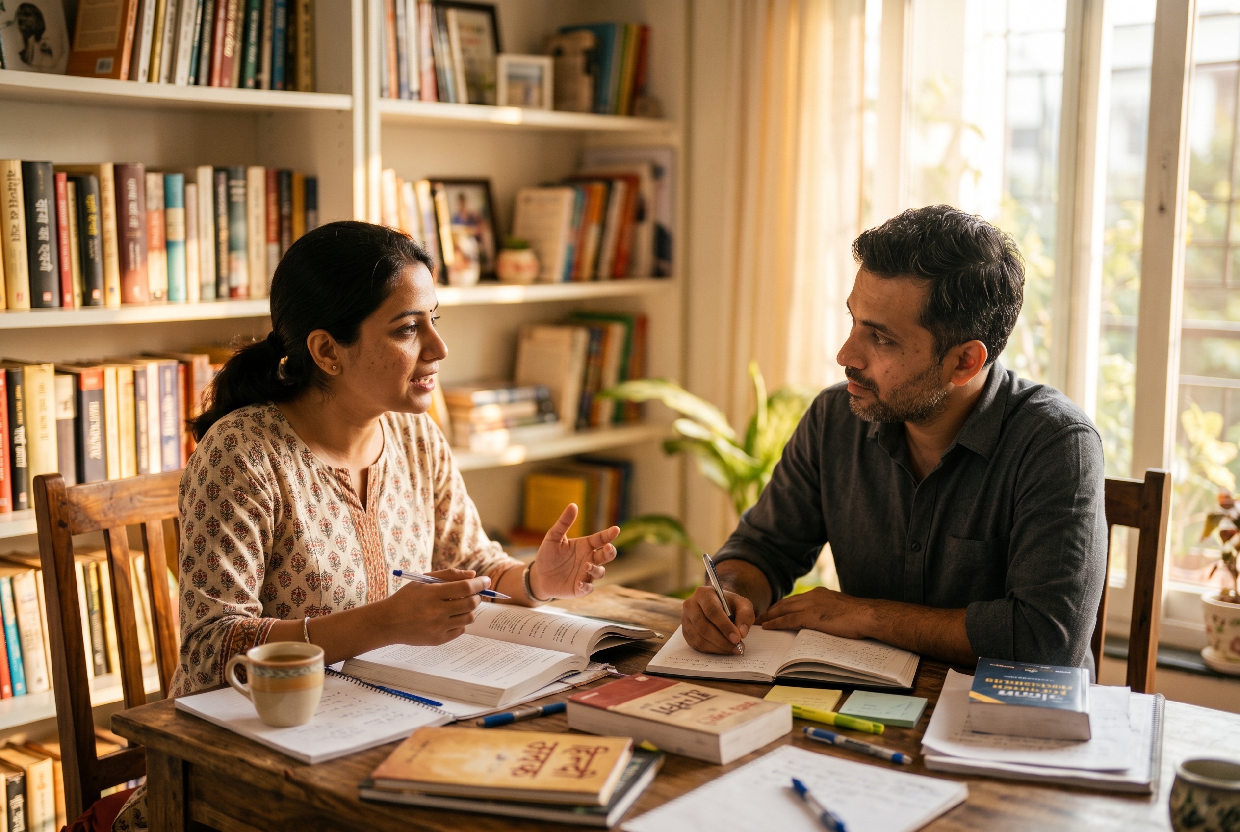 Intensive Hindi tutor and adult student mapping a study plan with Devanagari script materials — Strommen