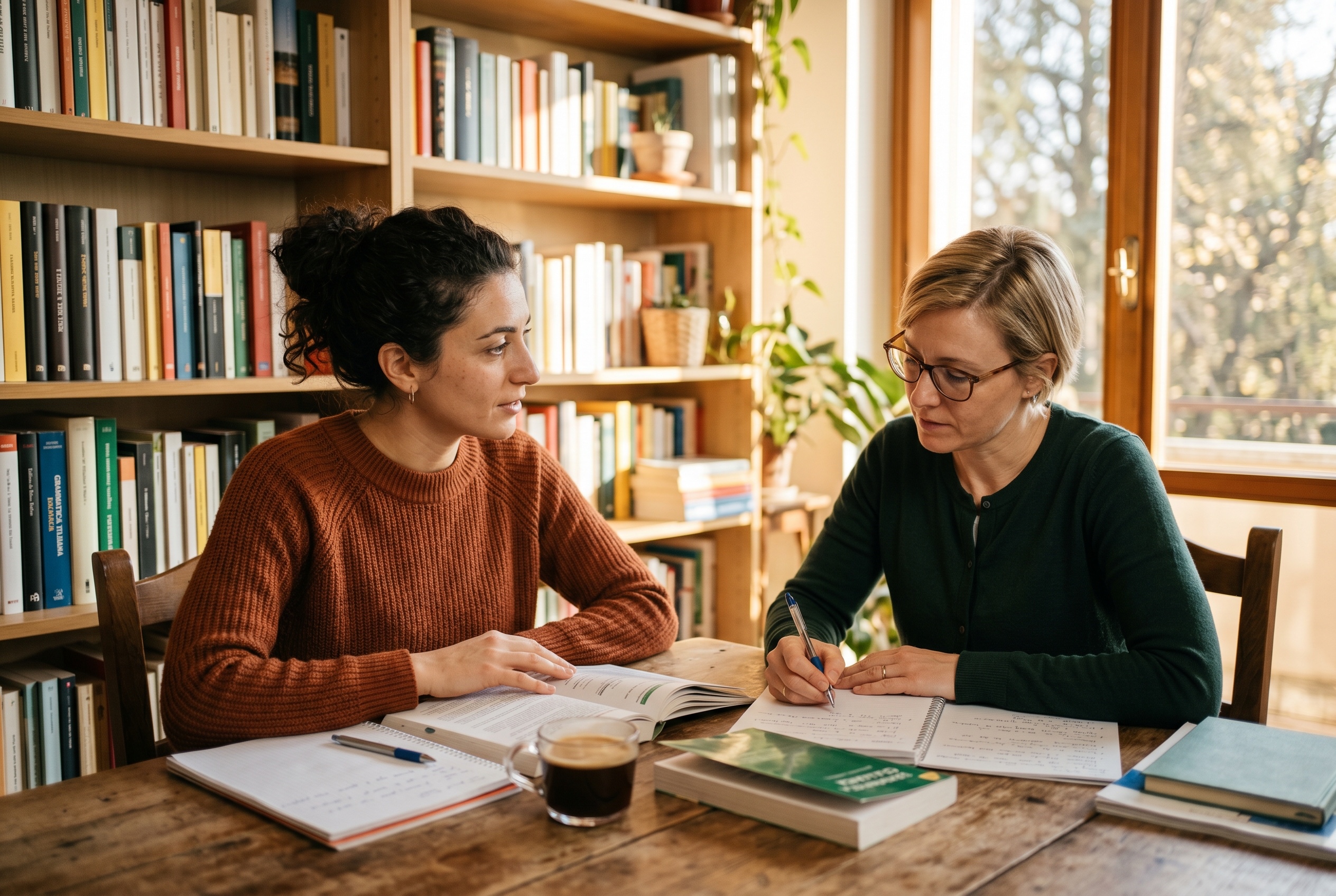 Intensive Italian tutor leading focused immersion lesson with adult student