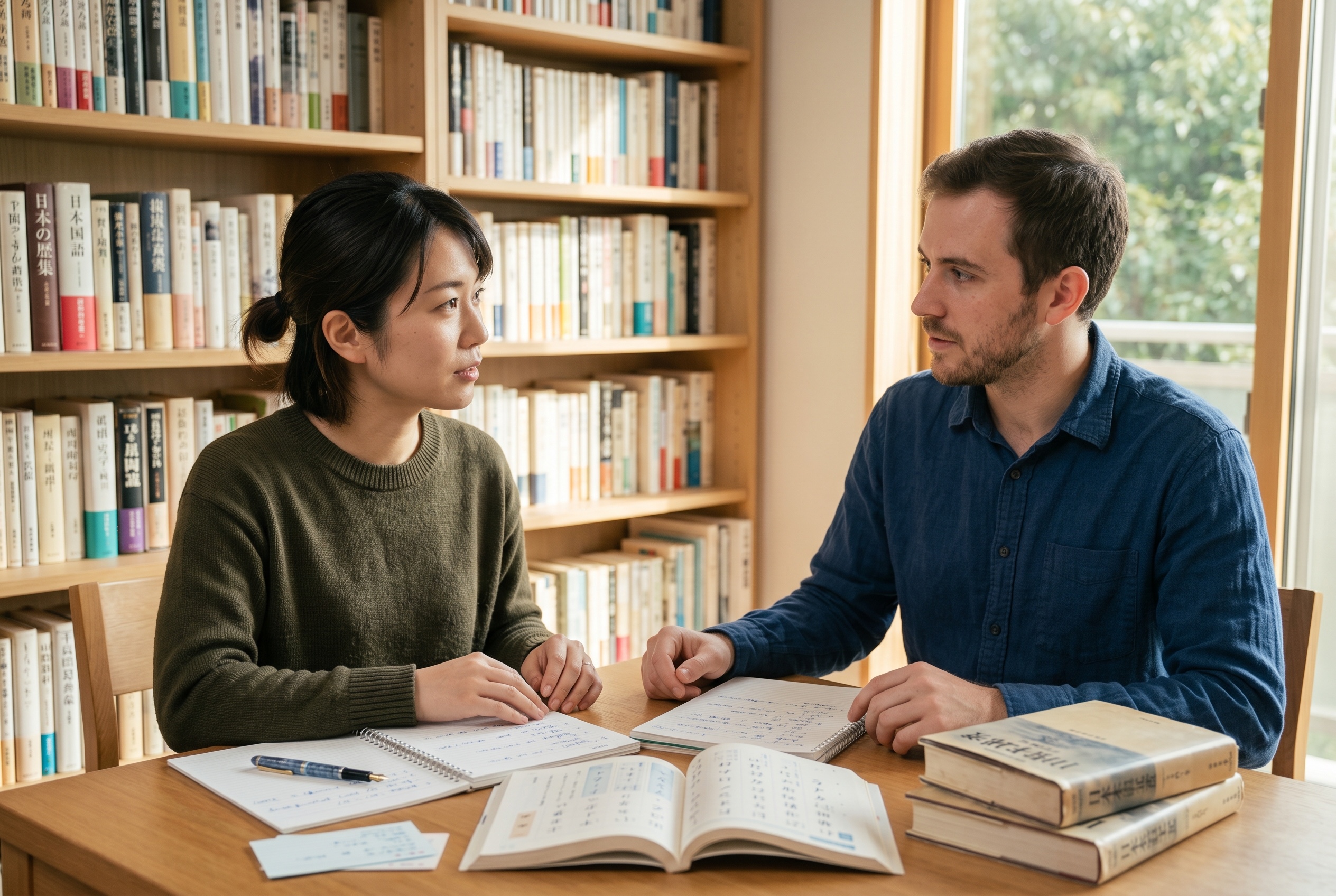 Intensive Japanese tutor running a daily immersion session with an adult student