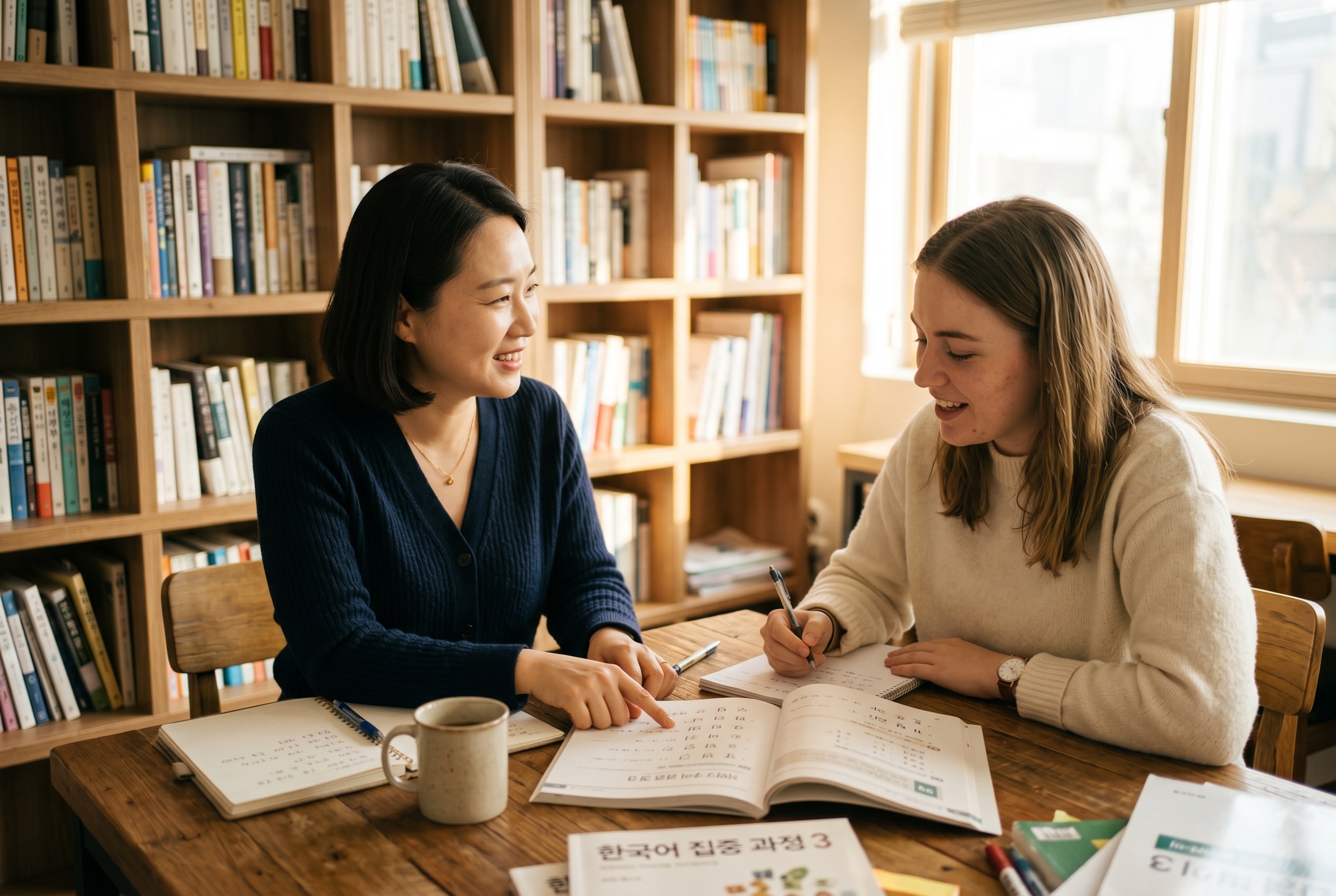 Intensive Korean tutor running a daily immersion session with an adult student preparing for TOPIK