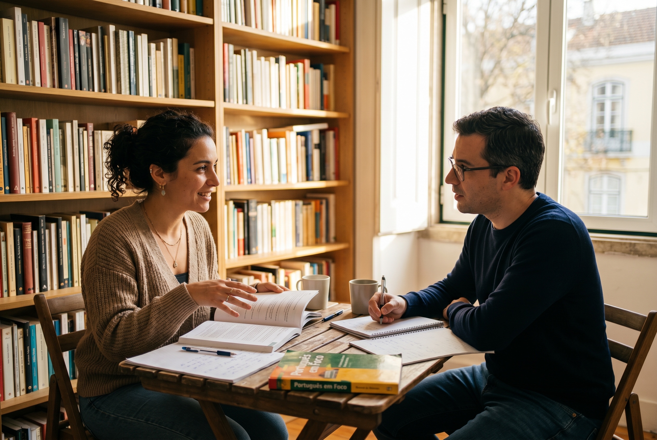 Portuguese tutor leading an intensive accelerated lesson with a focused adult student — Strommen