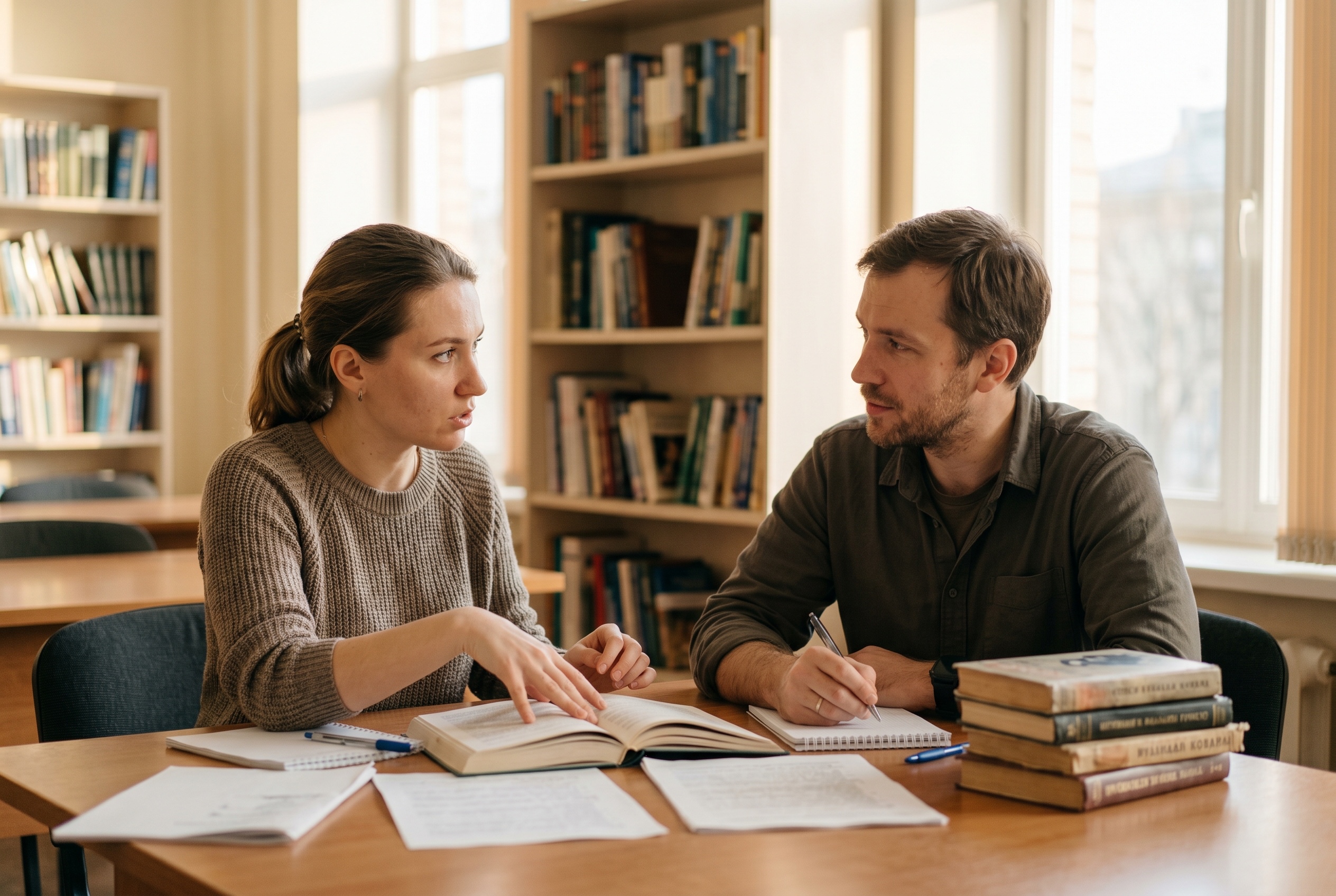 Russian tutor running an intensive immersion session with an adult student