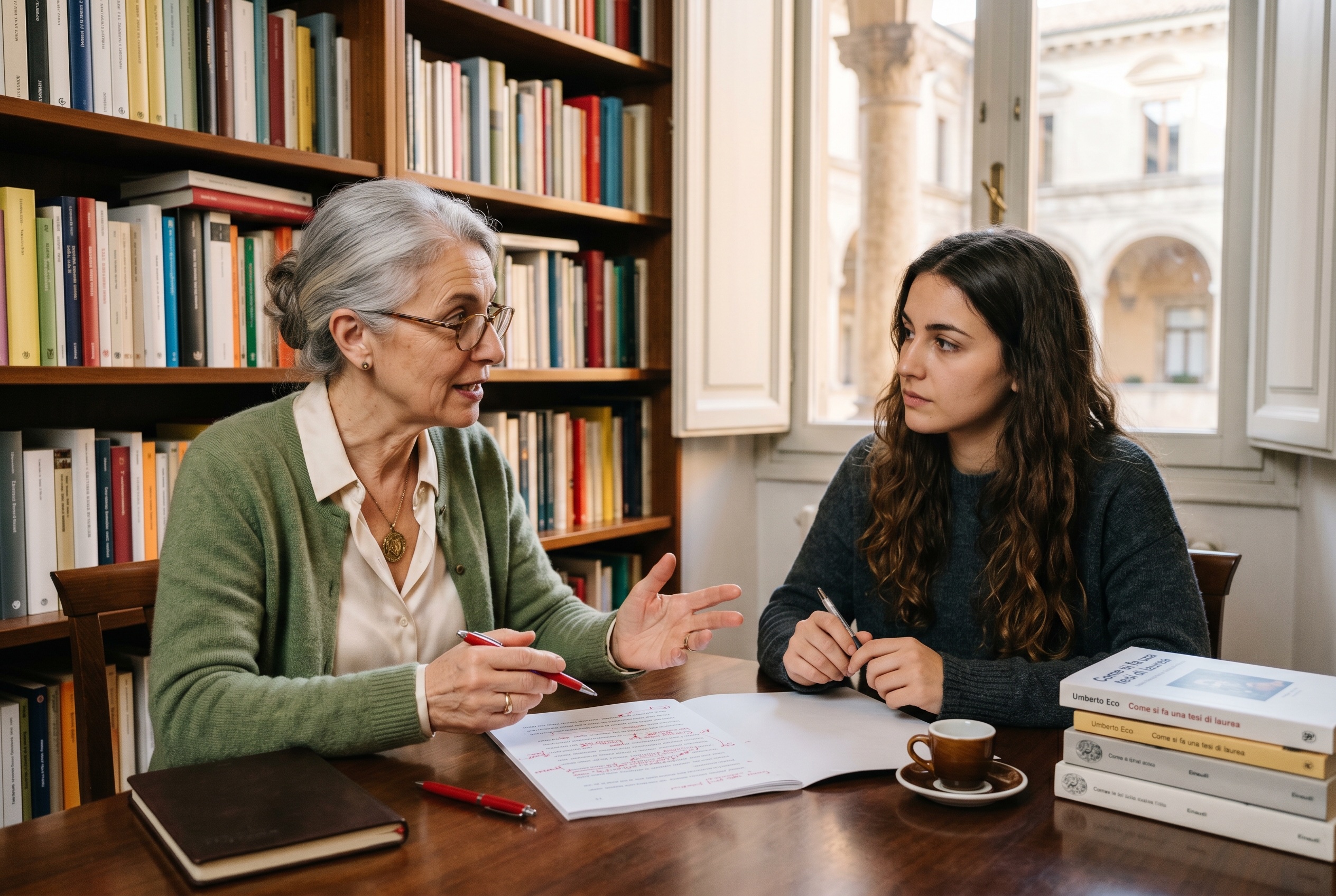 Italian academic writing tutor reviewing a draft with a graduate student