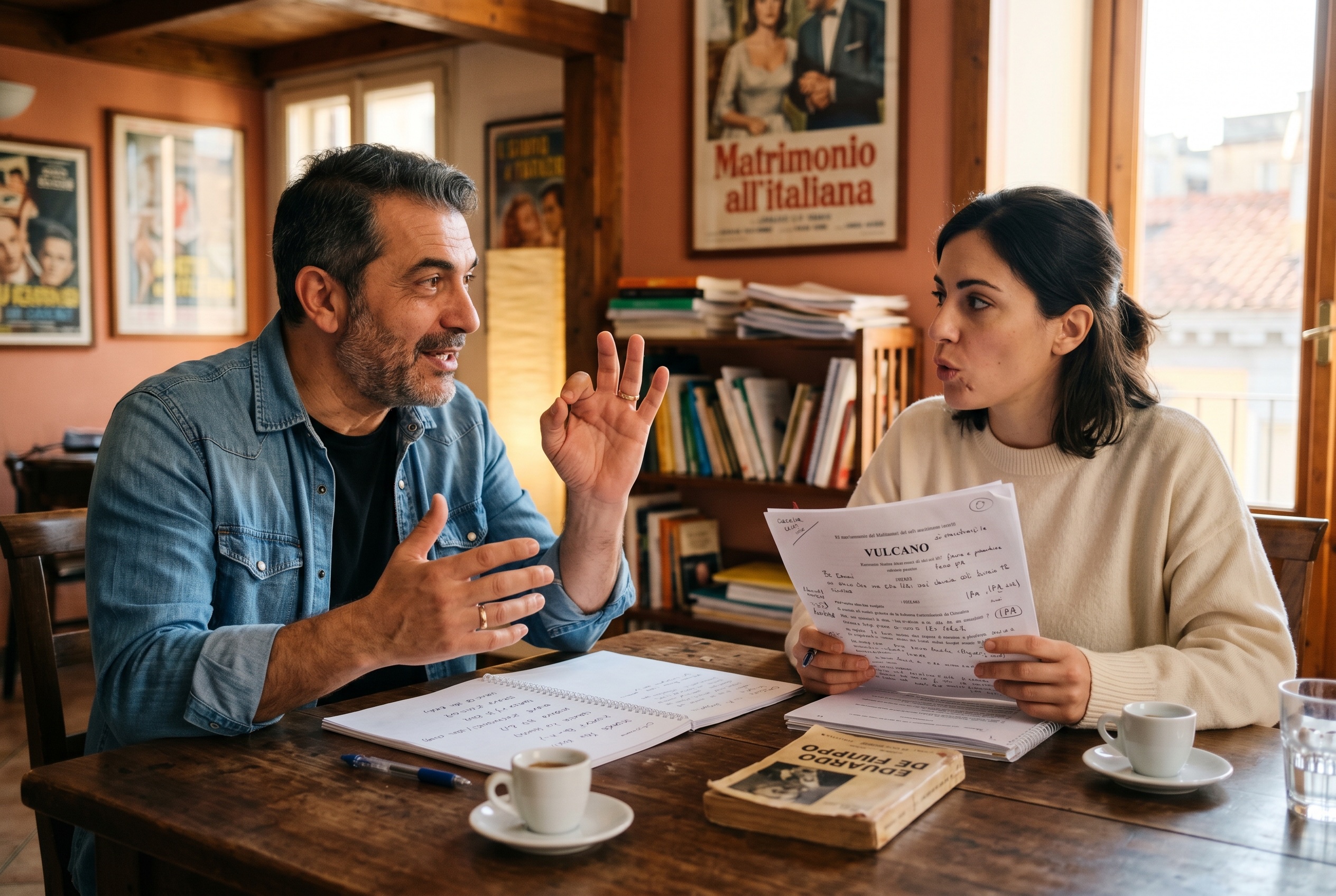 Italian dialect coach working with an actor on a script