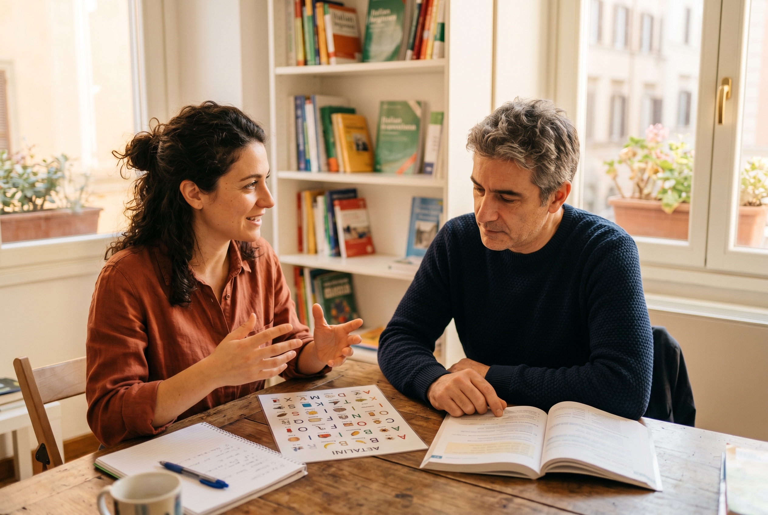 Italian tutor introducing alphabet and basic vocabulary to an adult beginner student