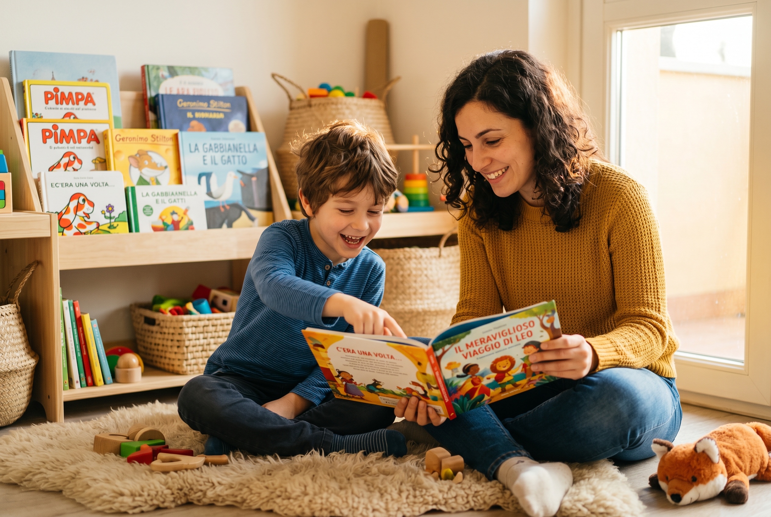 Italian tutor reading a picture book with a young child during a lesson