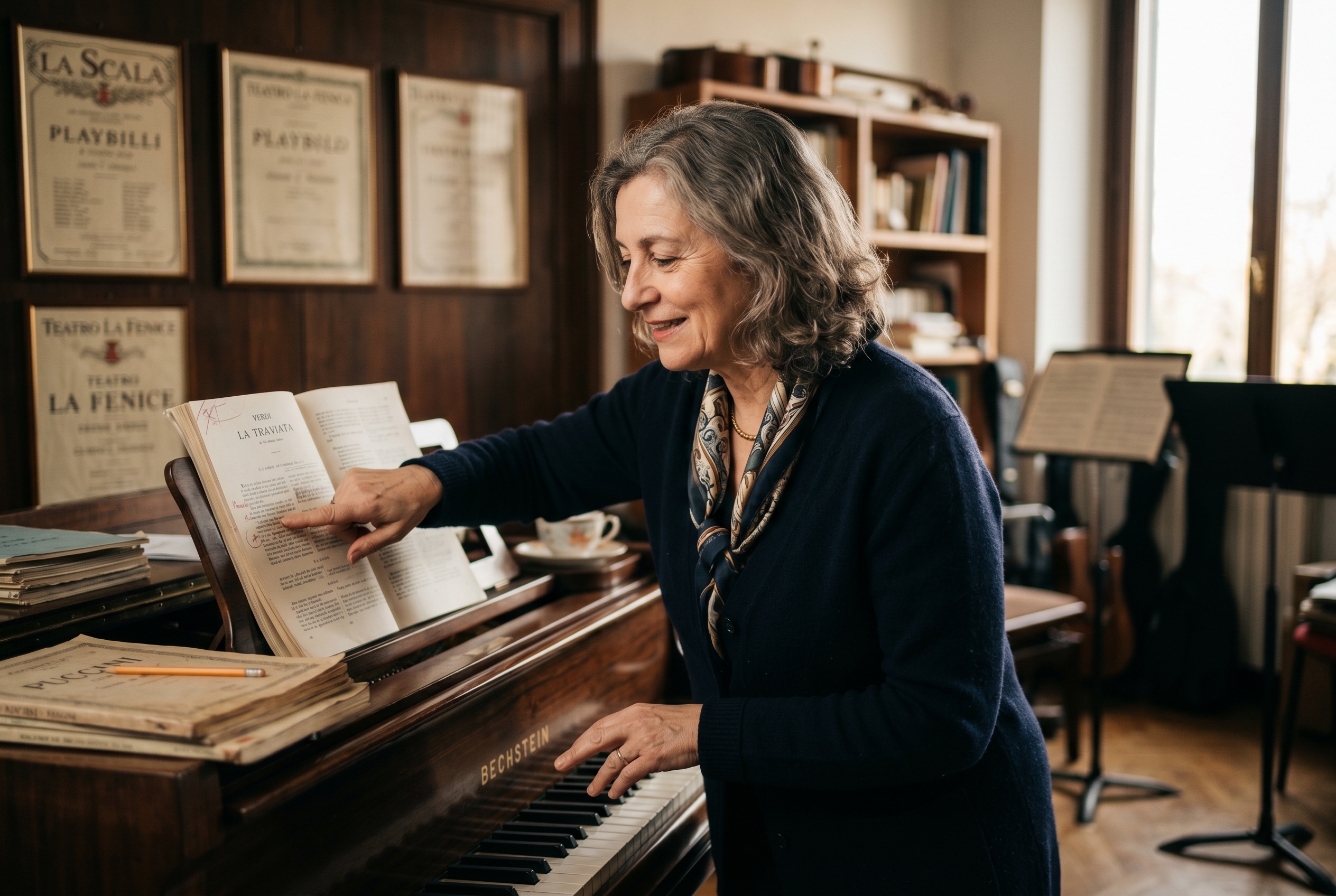 Italian opera coach working with a singer at the piano on aria diction