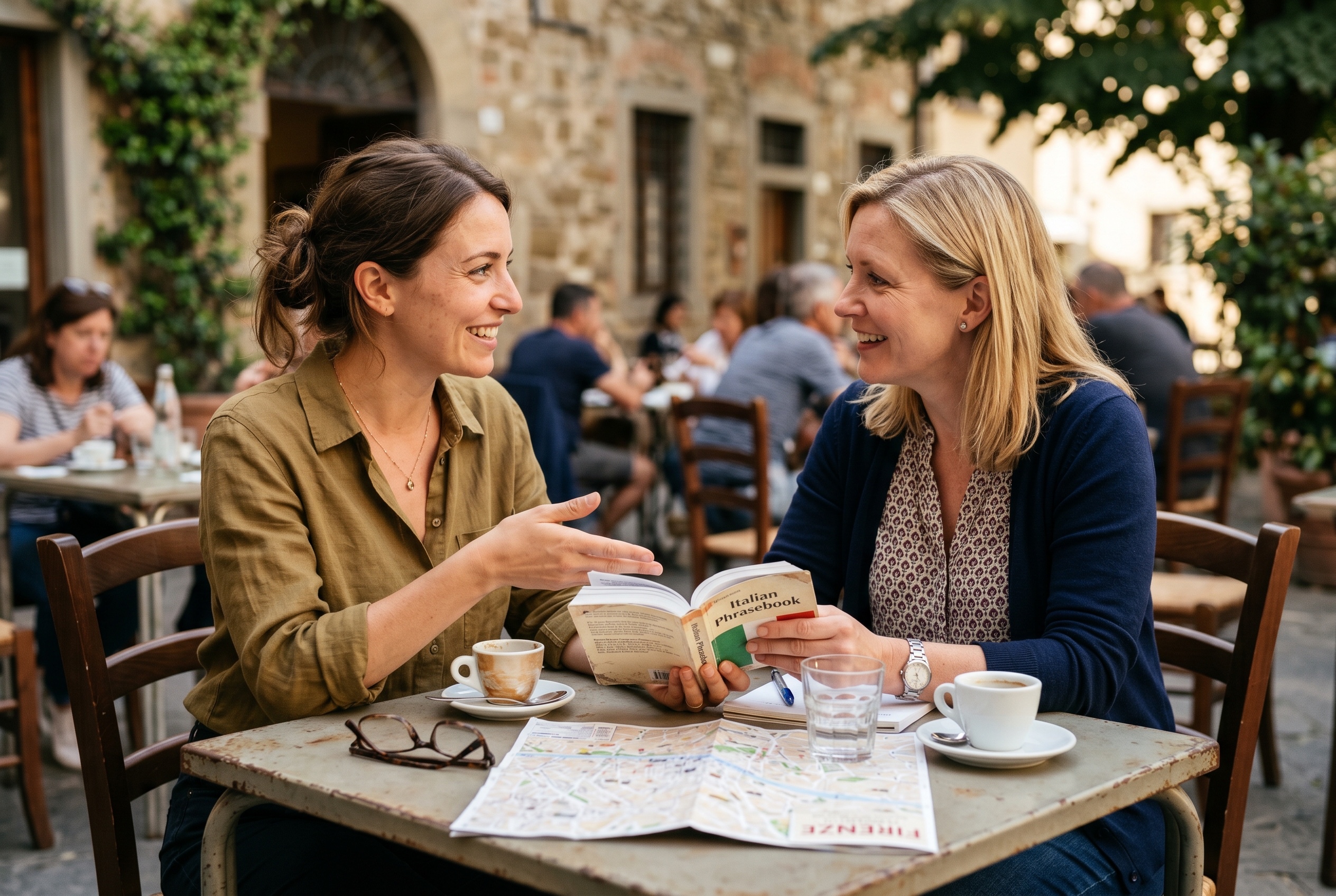 Italian tutor preparing an adult traveler for a trip to Italy with maps and conversation