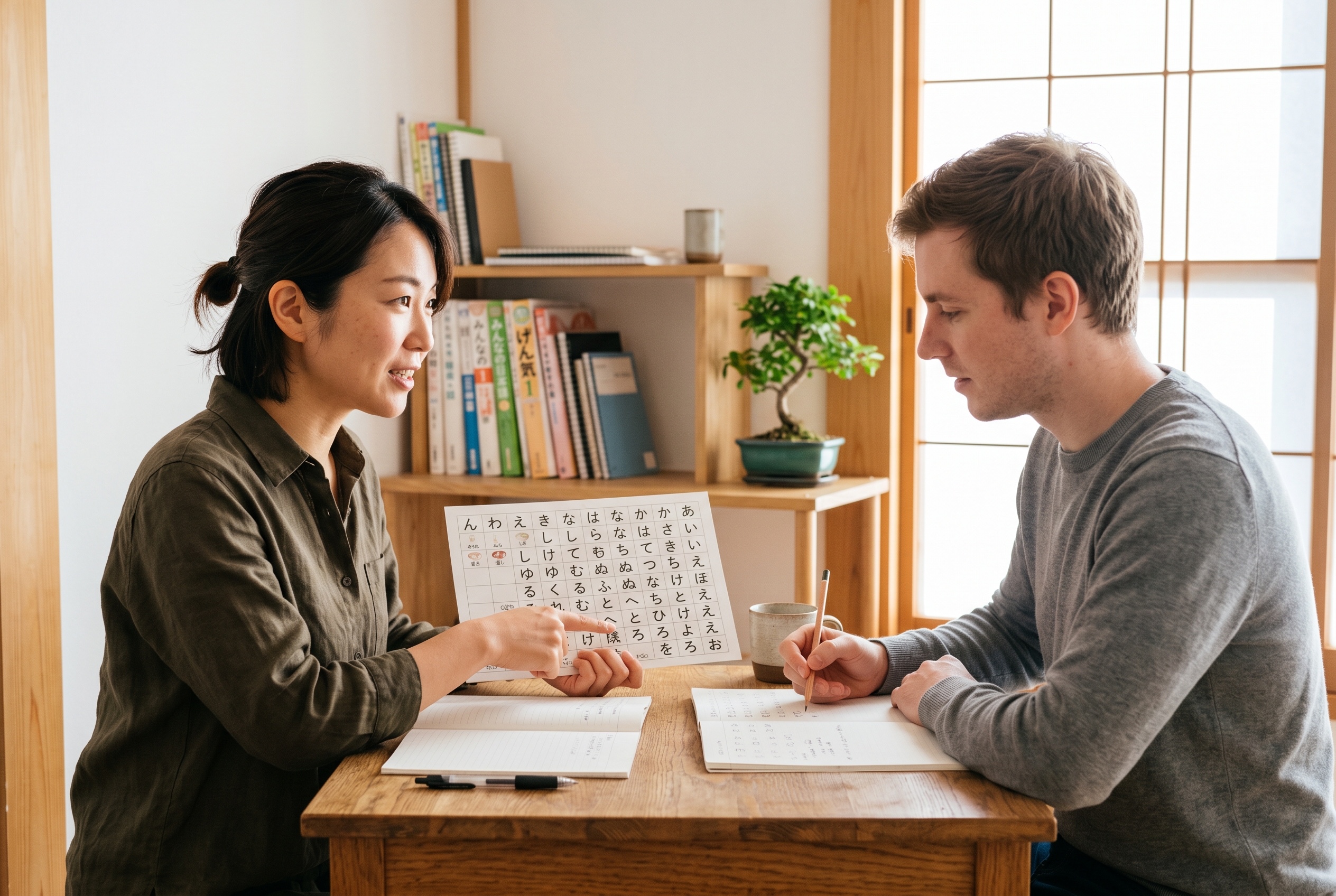 Beginner Japanese tutor and adult student in a lesson — Strommen