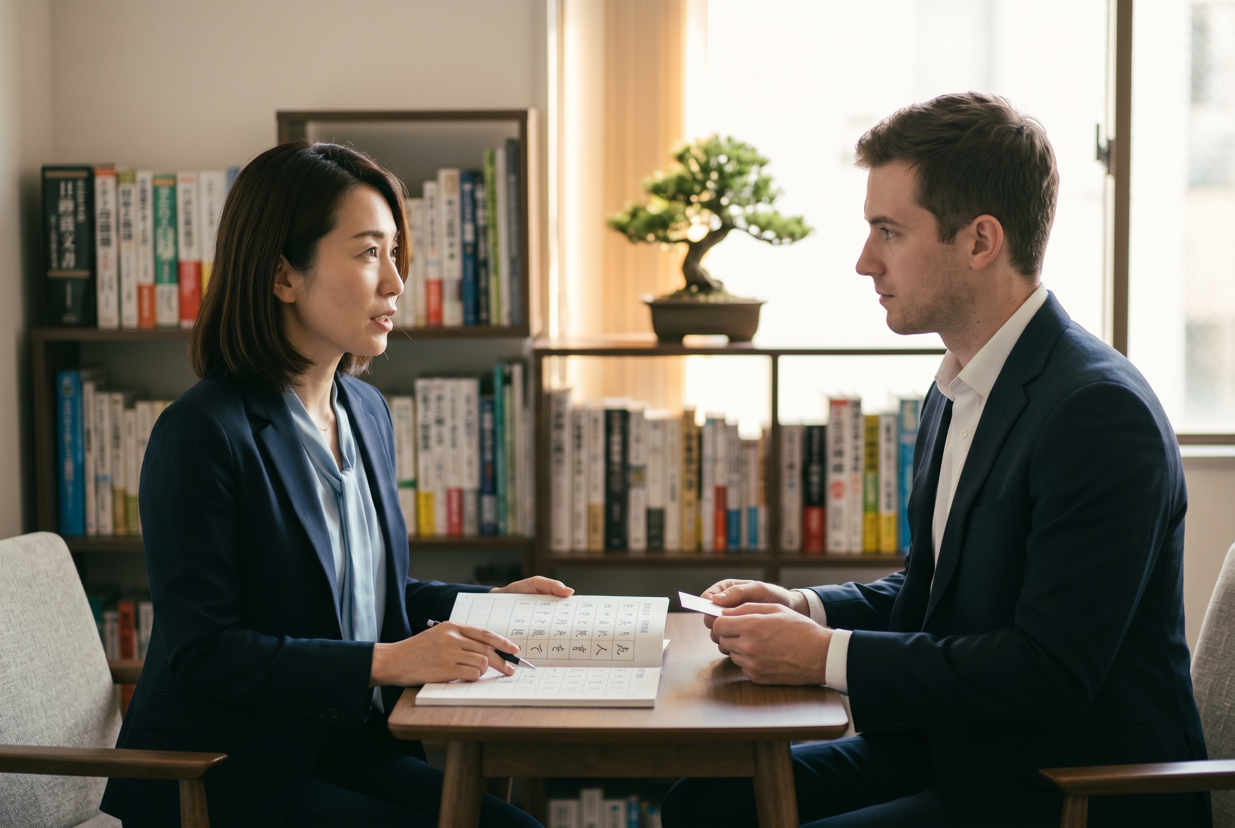Business Japanese tutor coaching a foreign professional through a meeting prep — Strommen