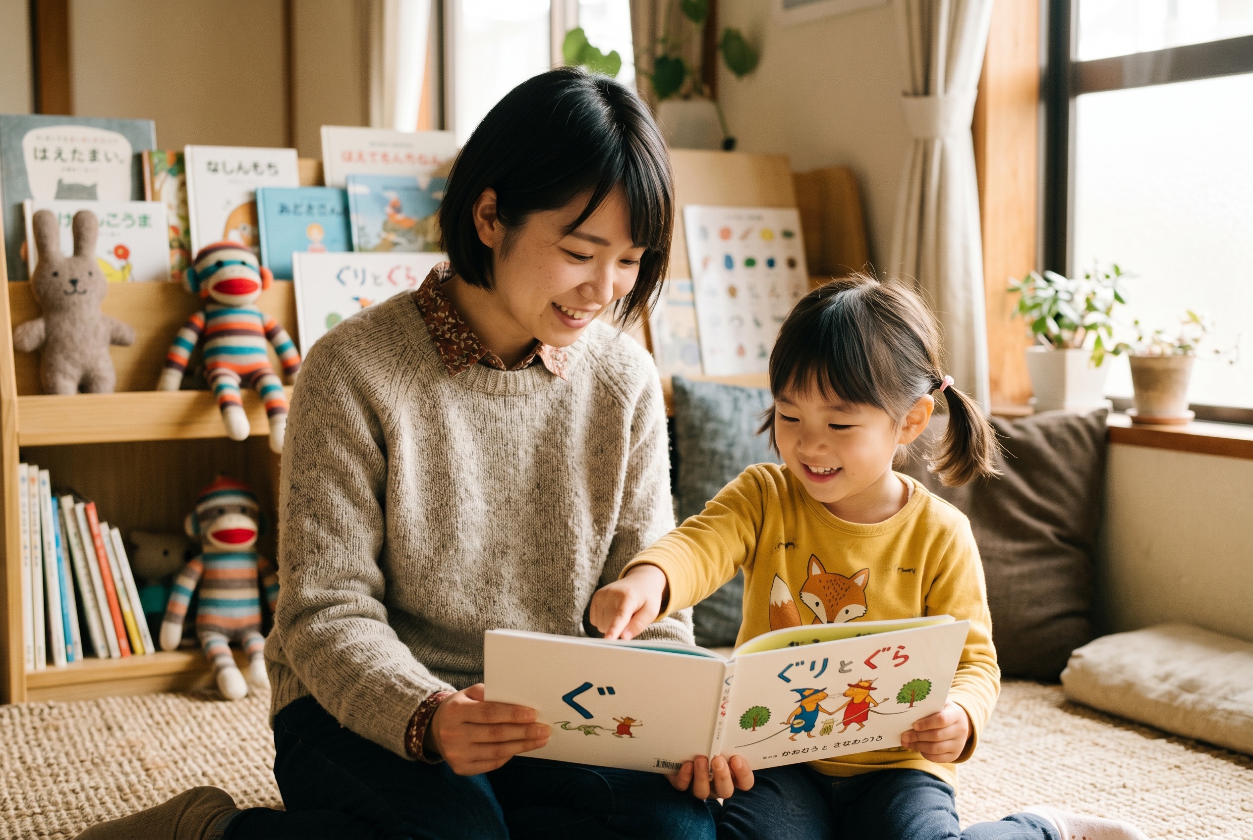 Japanese tutor reading a picture book with a young child in a warm home setting — Strommen