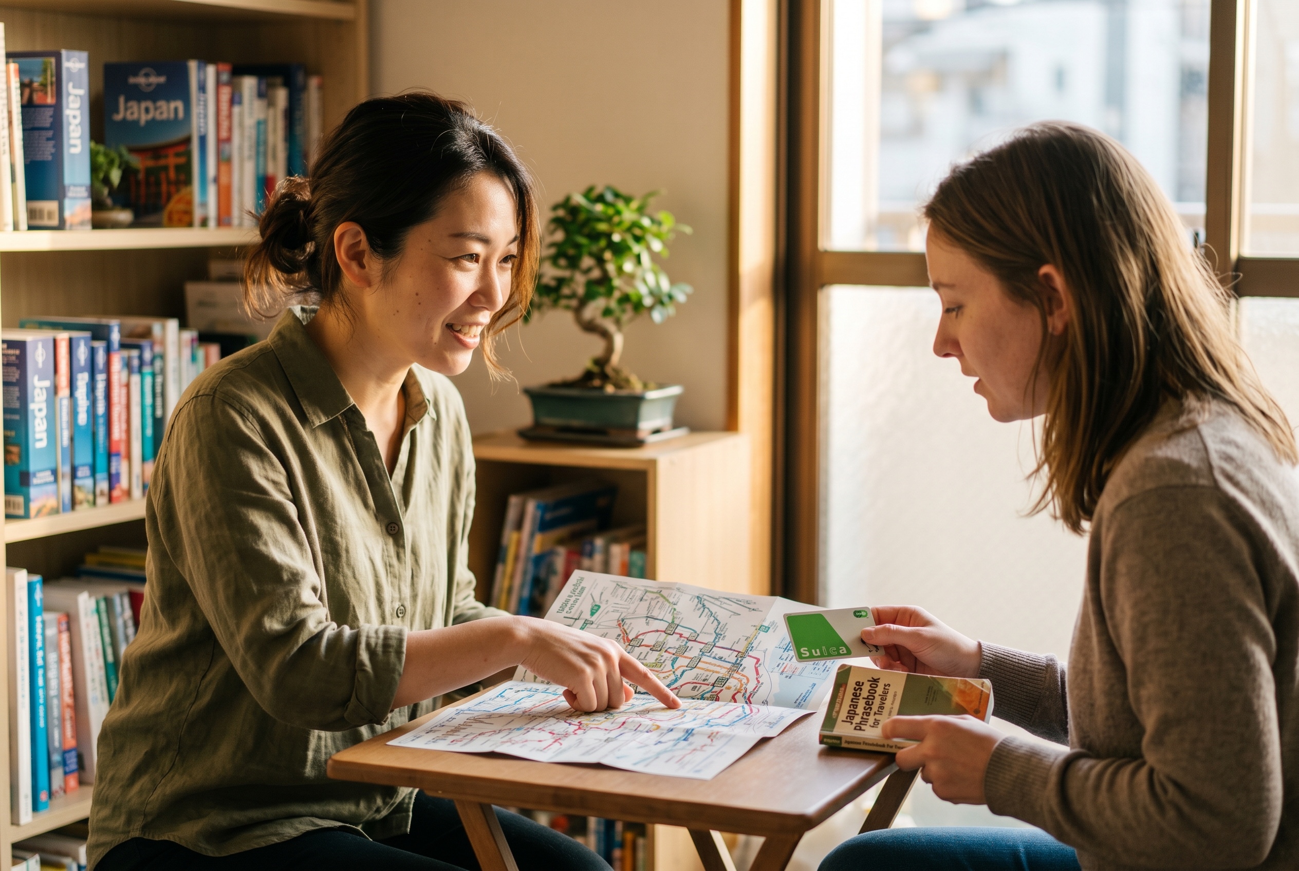 Japanese tutor walking a traveler through trip prep with a Tokyo metro map on the table — Strommen