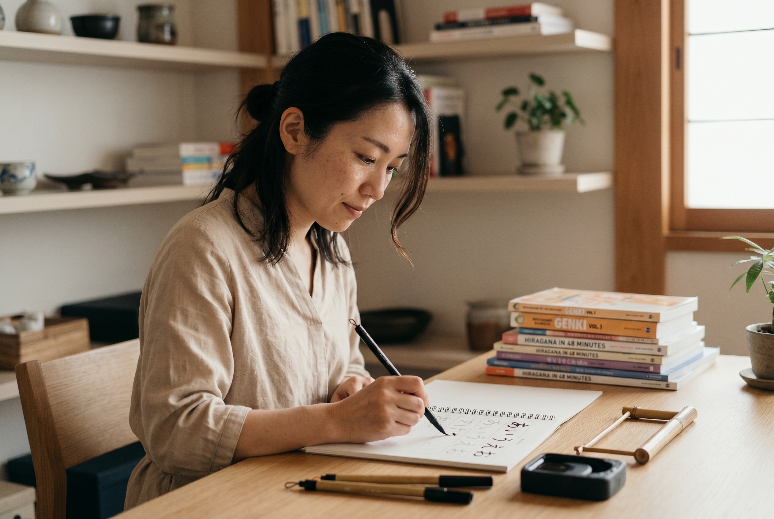 Hiragana tutor and adult student practicing stroke order in a notebook — Strommen