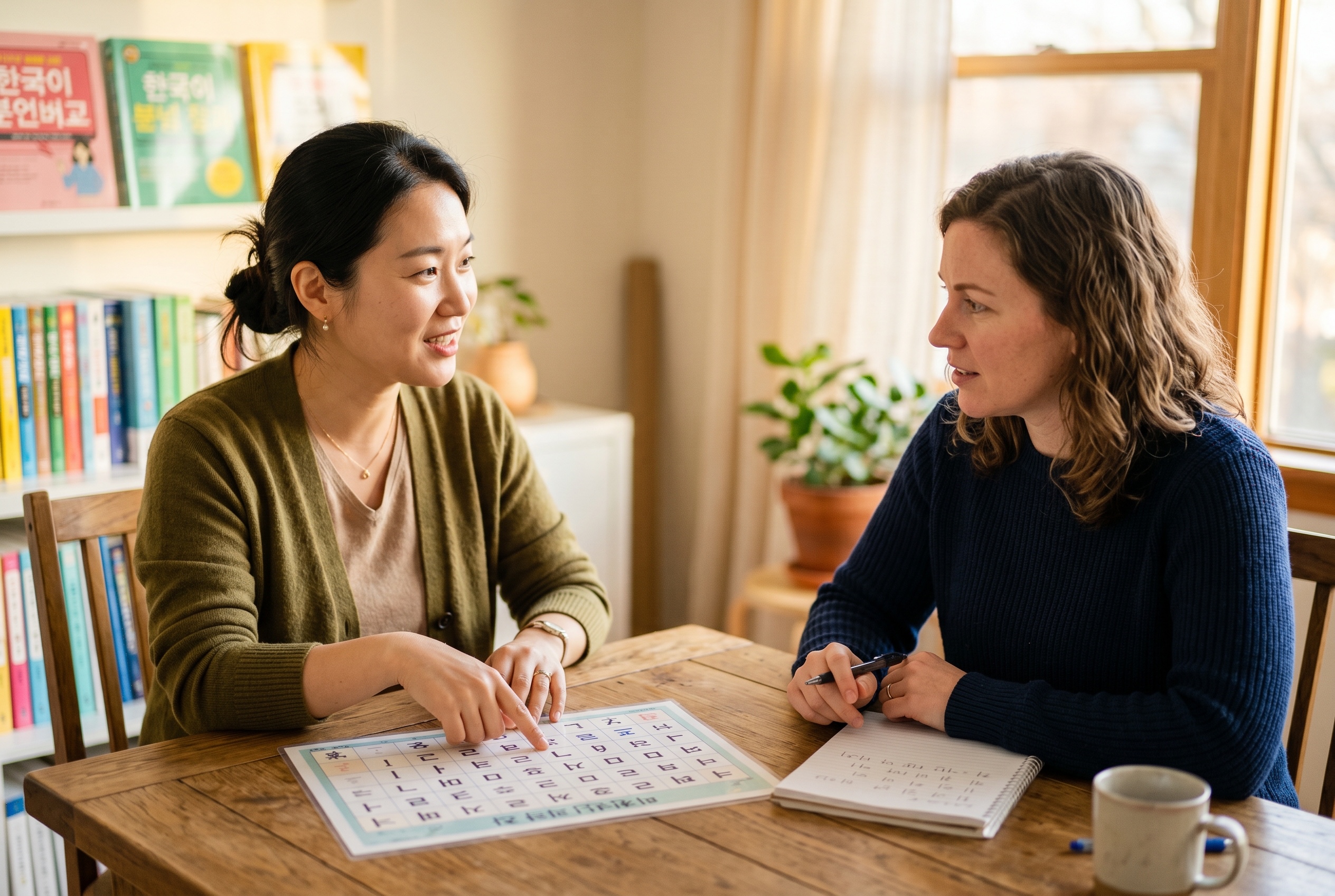 Korean tutor teaching a beginner student the hangul alphabet at the kitchen table — Strommen