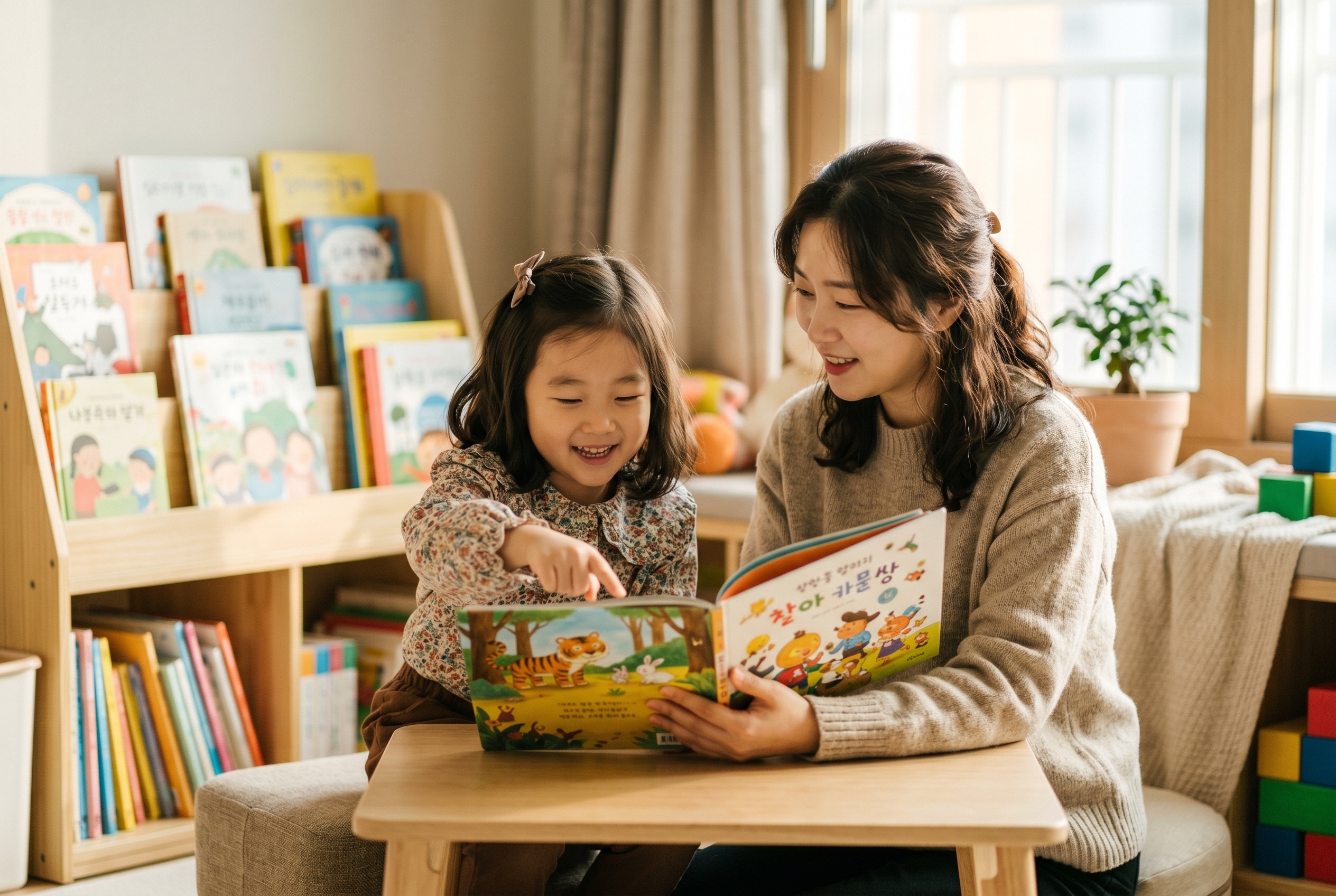 Korean tutor reading a picture book in hangul with a young child — Strommen