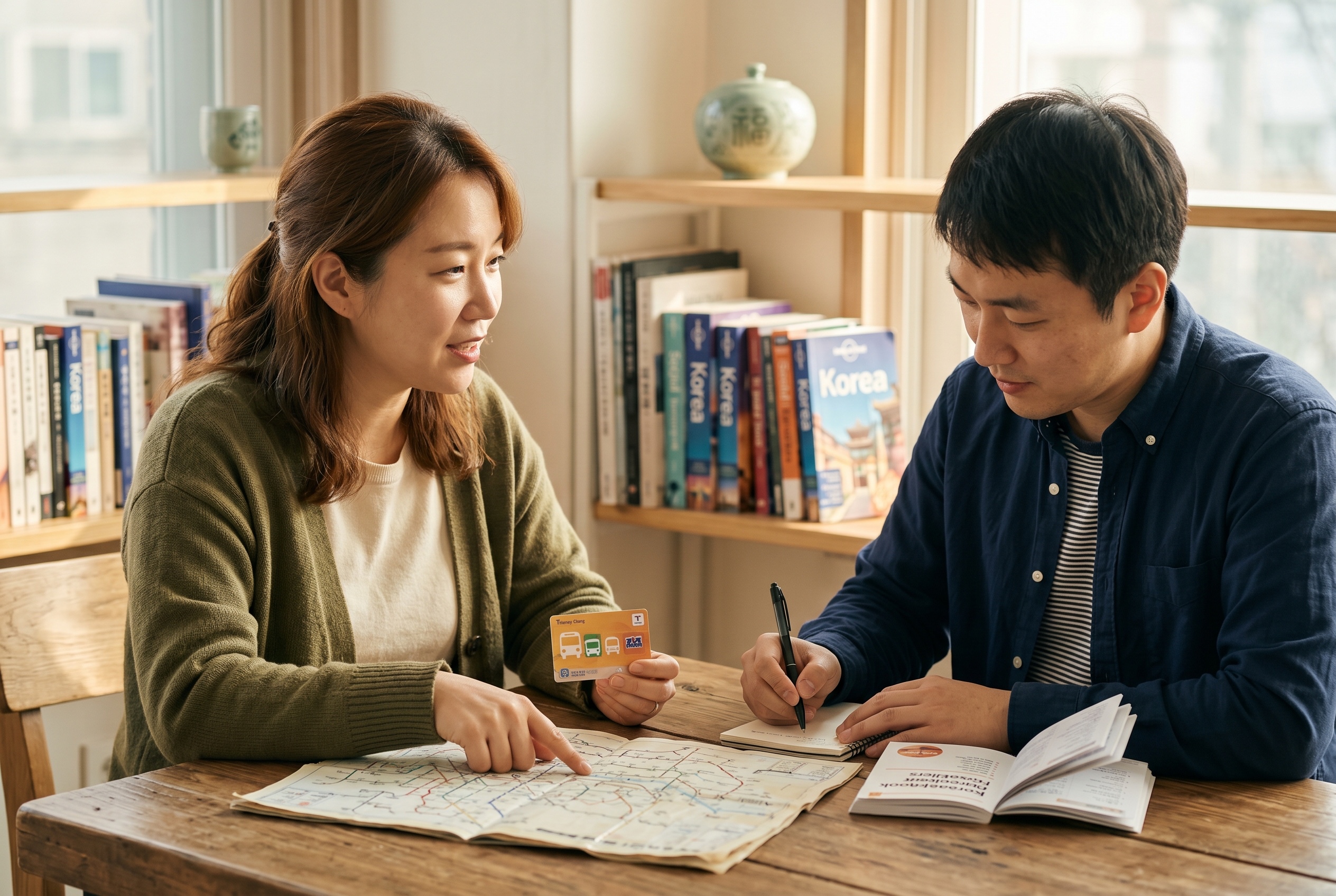 Korean for Travel tutor walking an adult student through a Seoul subway map and Hangul signage — Strommen