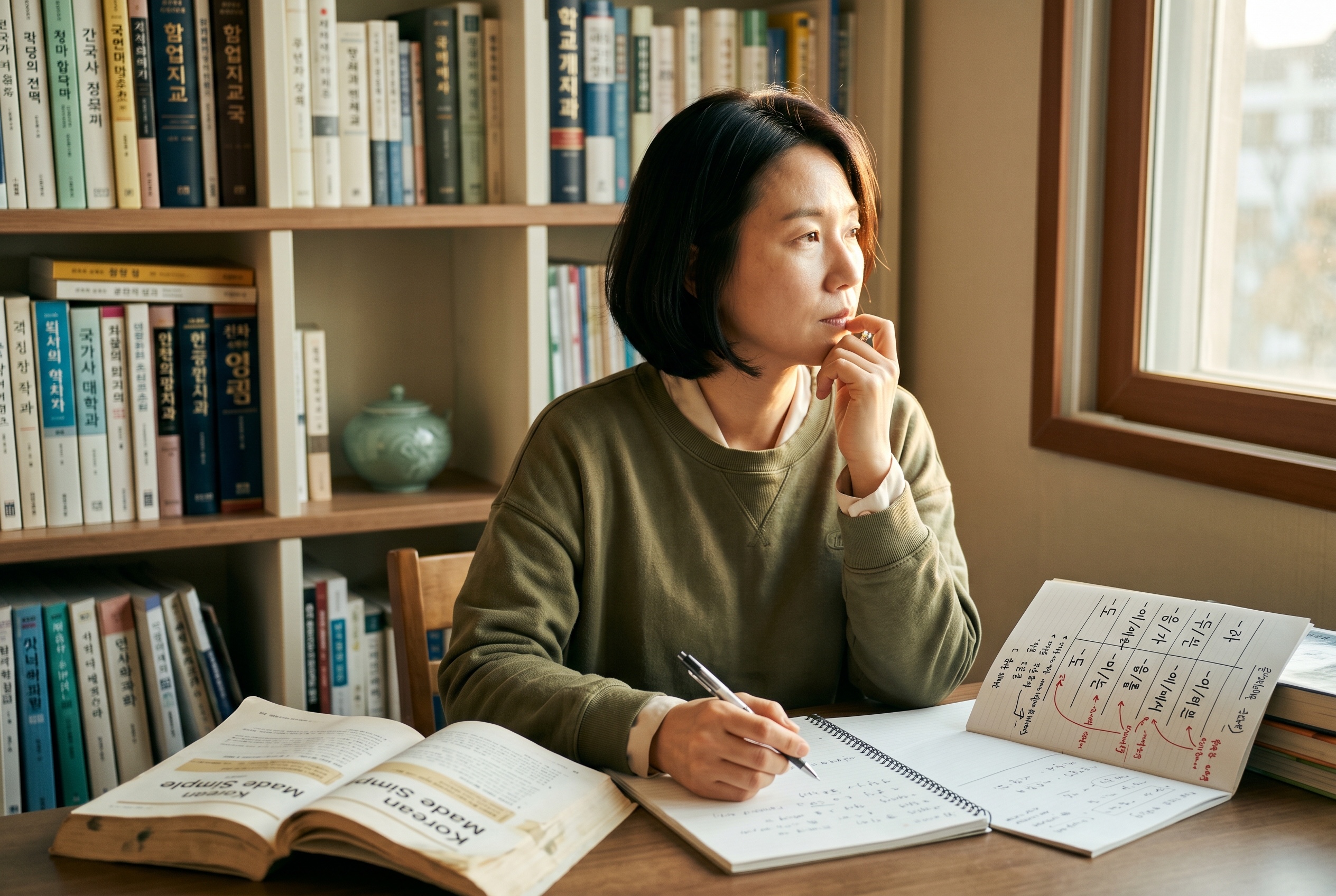 Korean grammar tutor walking an adult student through verb conjugation patterns and particles on a notebook page — Strommen