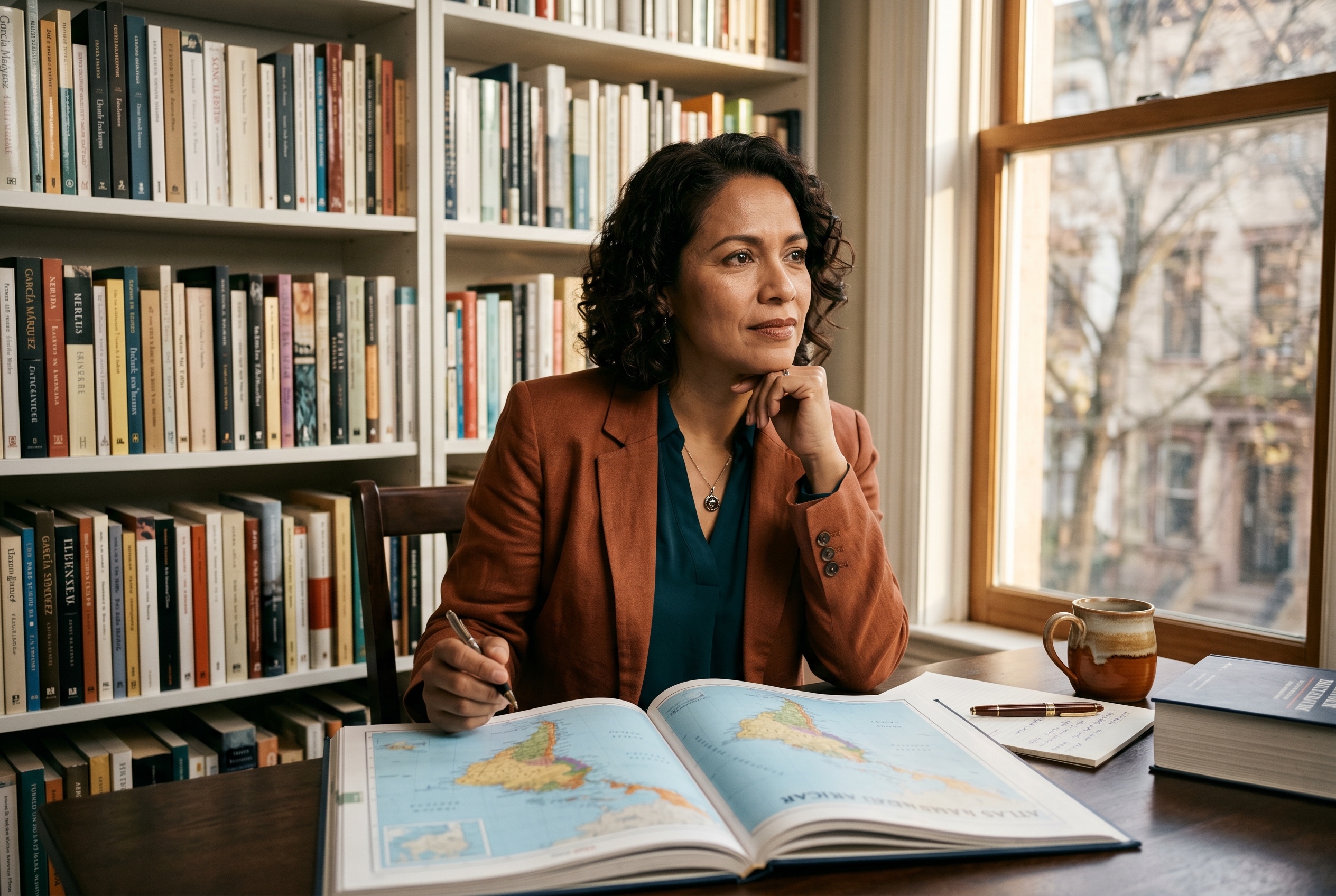 Latin American Spanish tutor and adult student in conversation in a warm, sunlit interior — Strommen