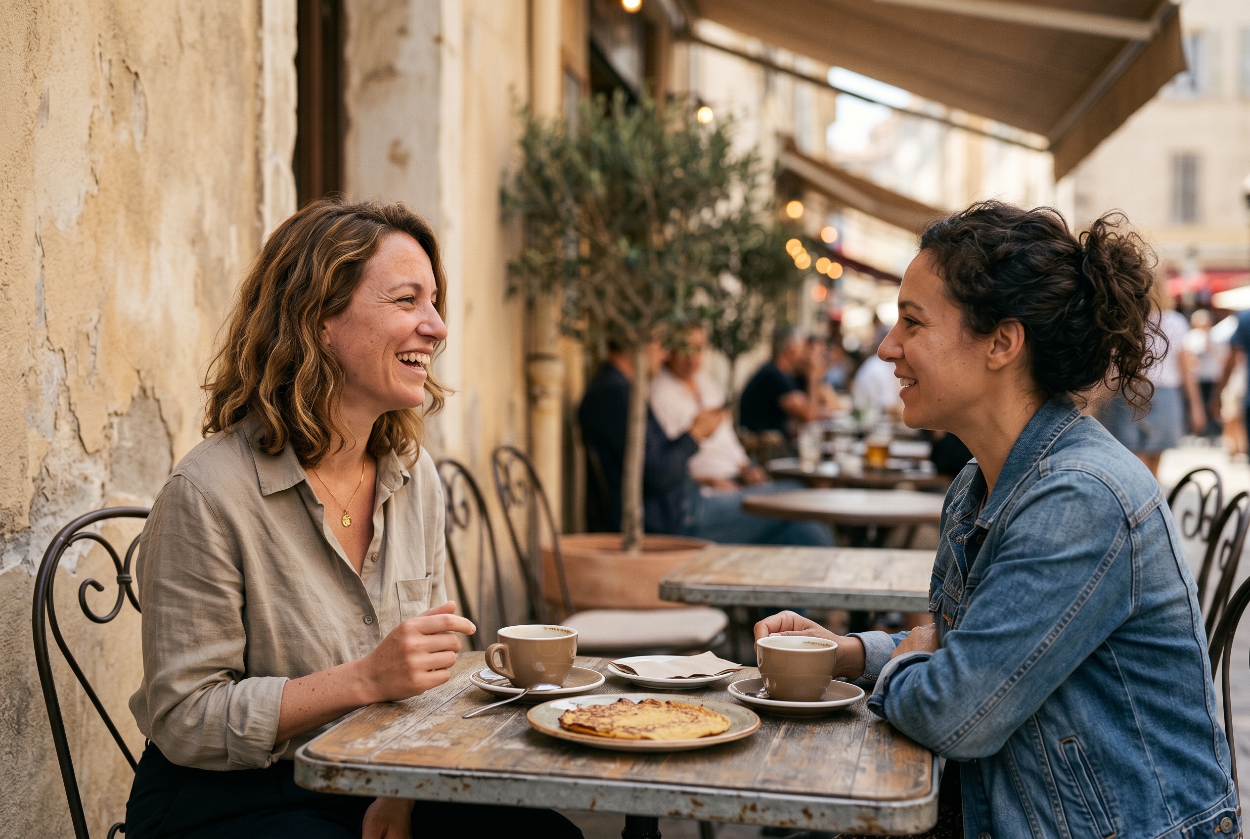 Marseille French tutor and adult student in conversation in a sunlit Provençal kitchen overlooking the Vieux-Port — Strommen