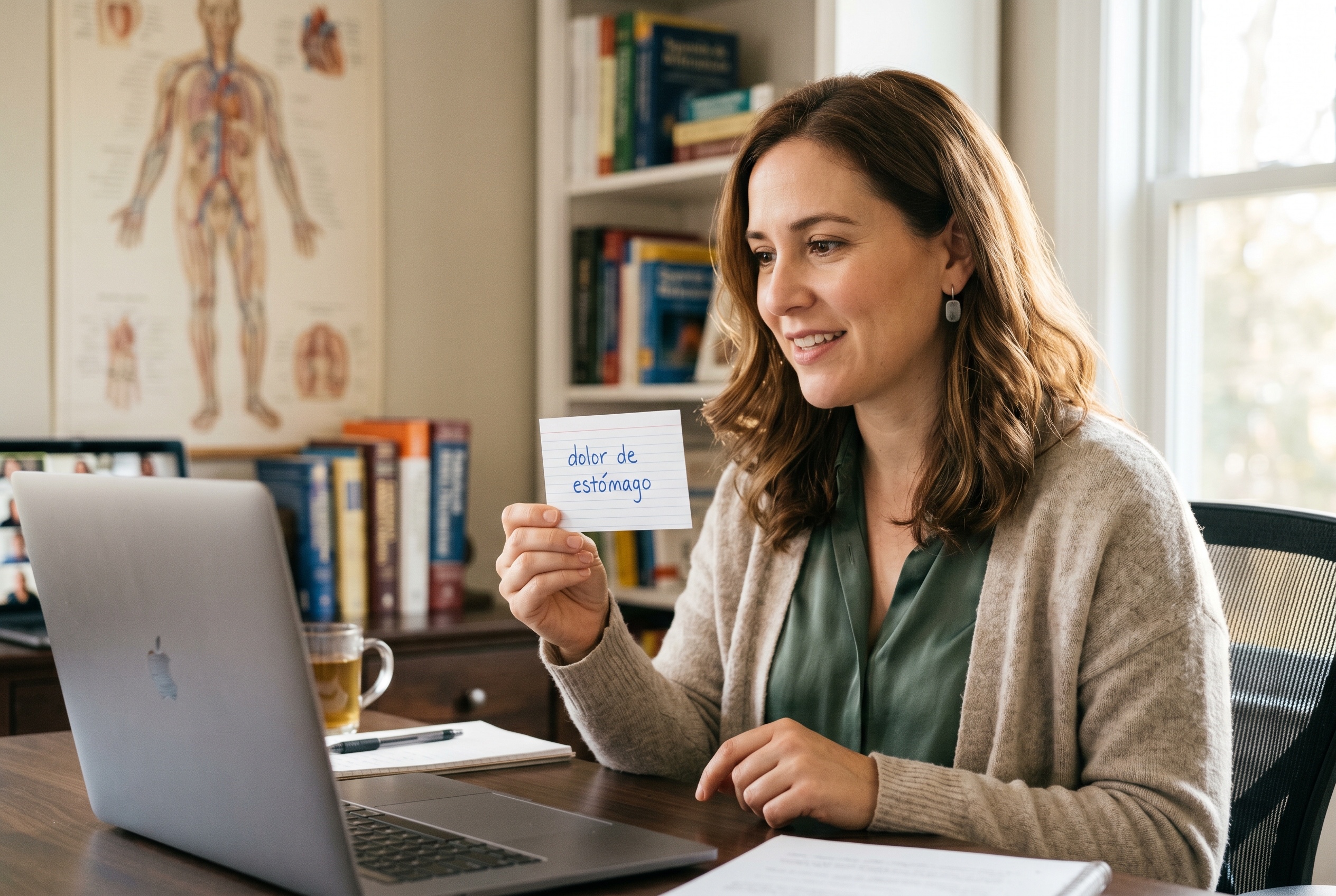 Medical Spanish tutor and adult healthcare-provider student in conversation