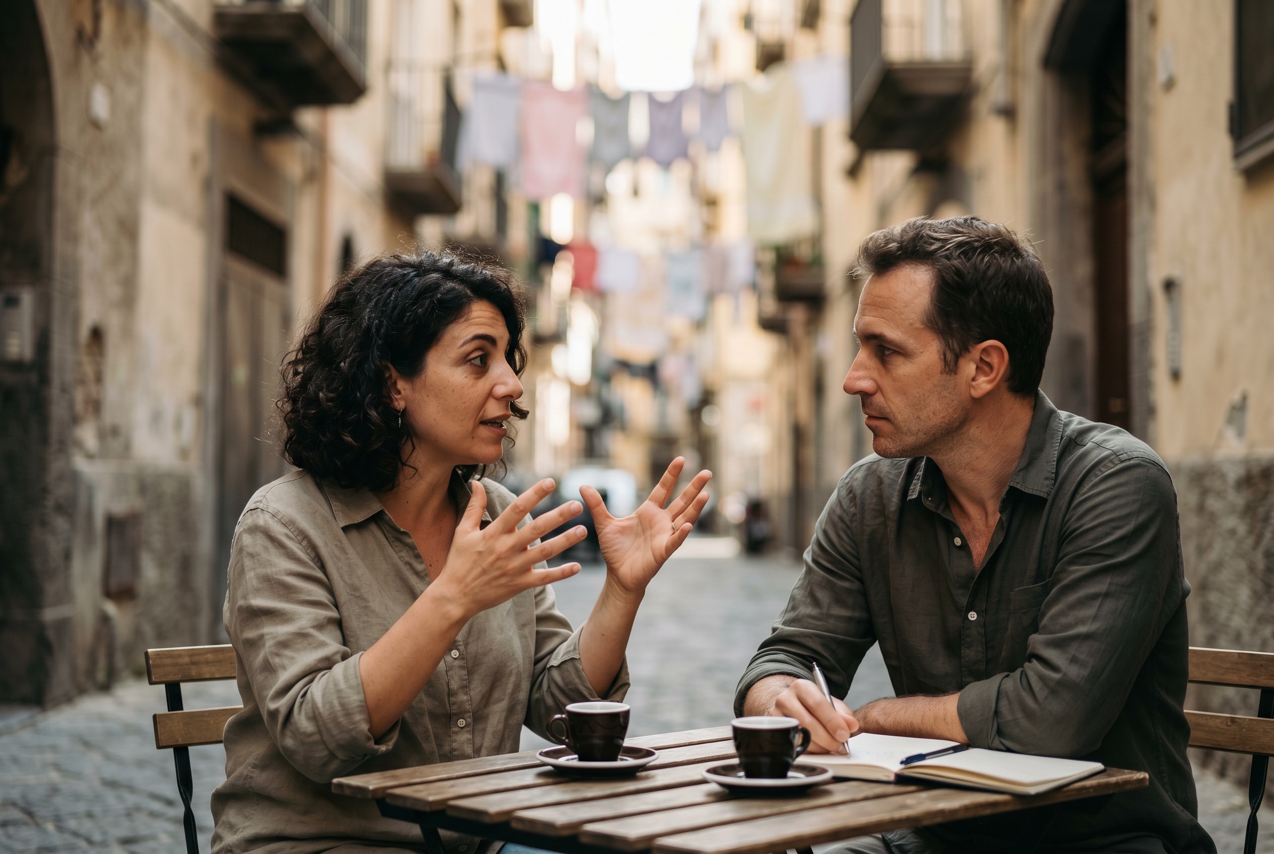 Napoletano tutor and student in conversation over an Eduardo De Filippo play