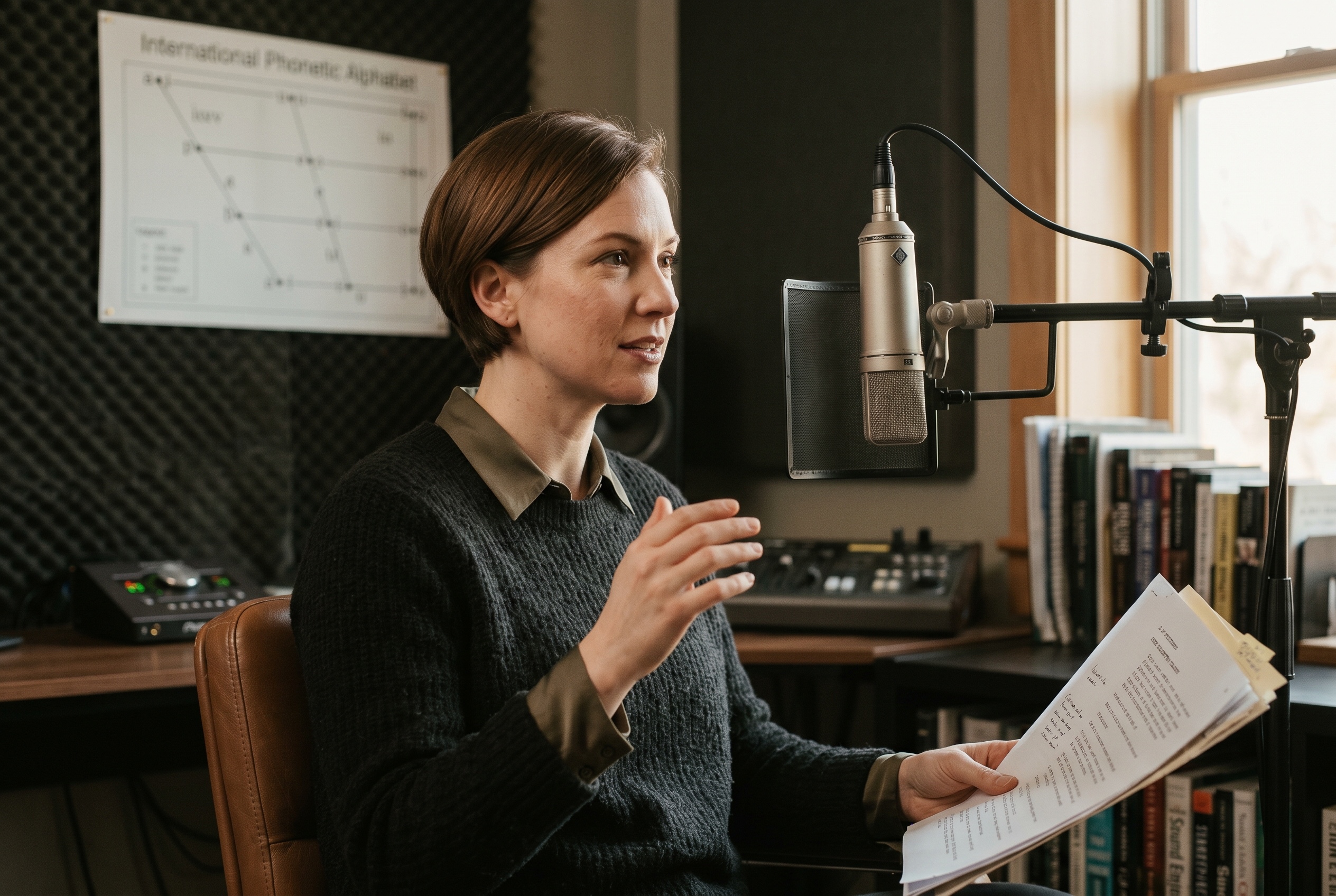 Neutral American English coach directing a voice talent through a copy read in a Los Angeles studio booth — Strommen