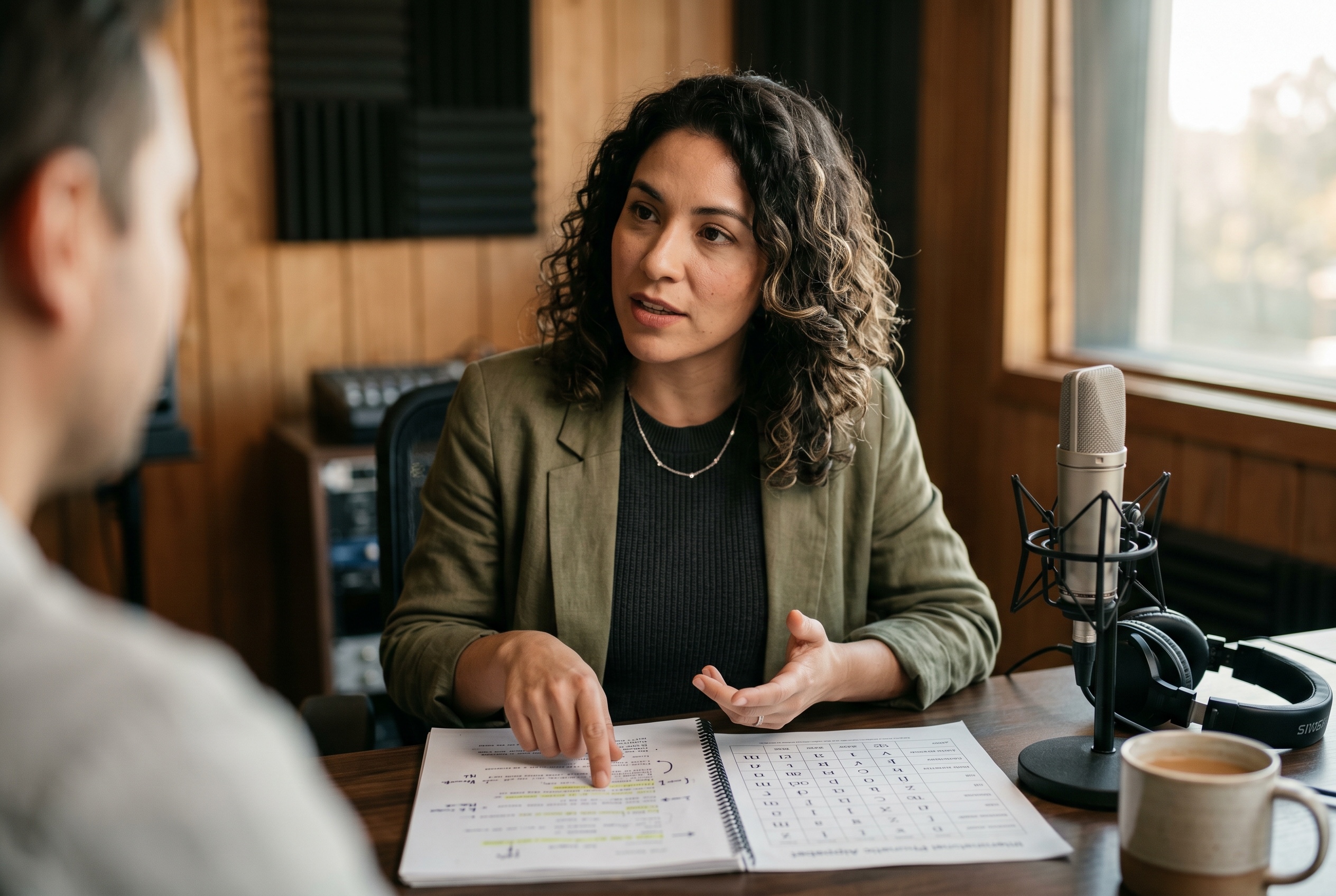 Neutral South American Spanish coach and adult voice-actor student working at a microphone with broadcast script — Strommen