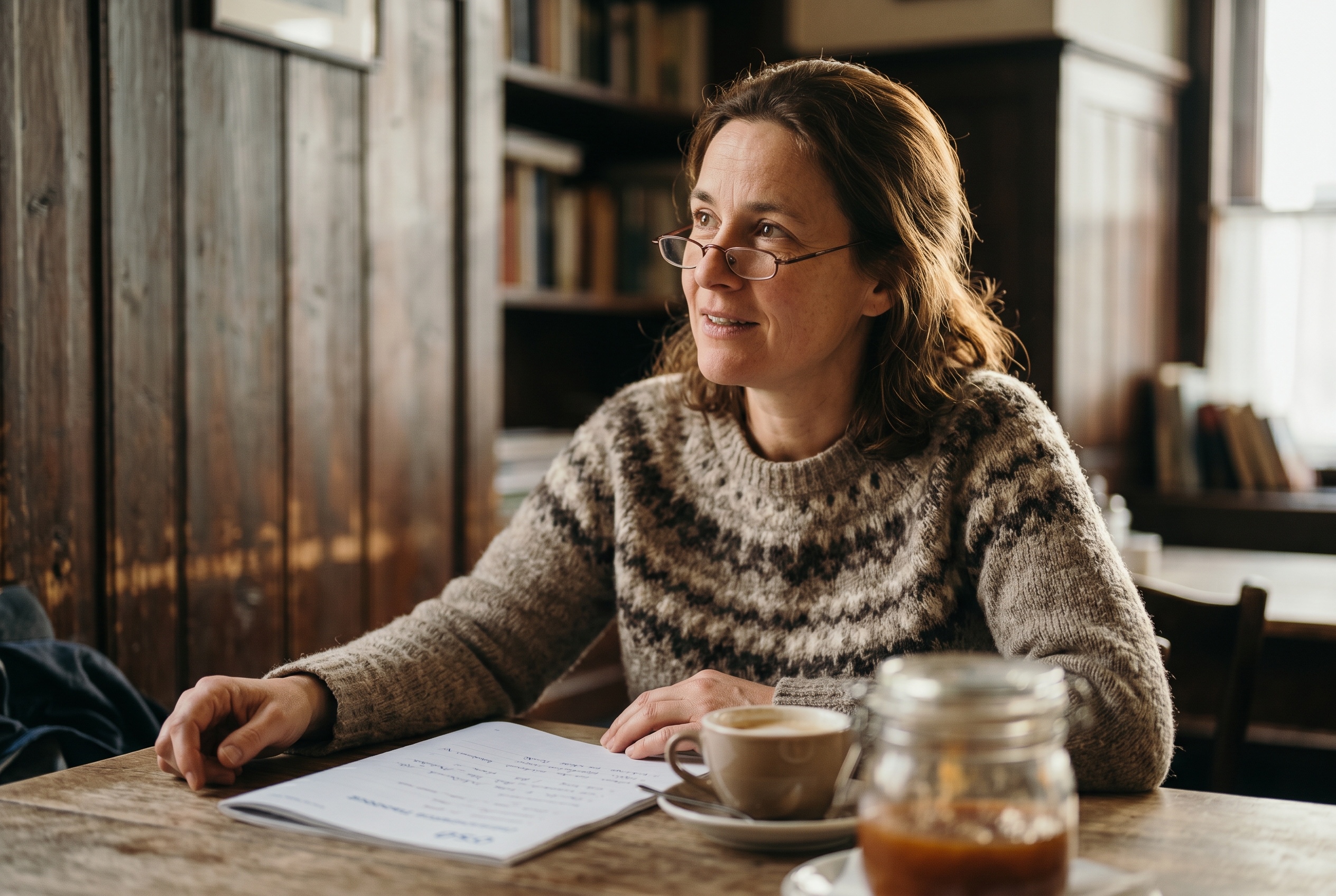 ÖSD prep tutor and adult student in a Vienna-style cafe working through a paired-speaking task — Strommen