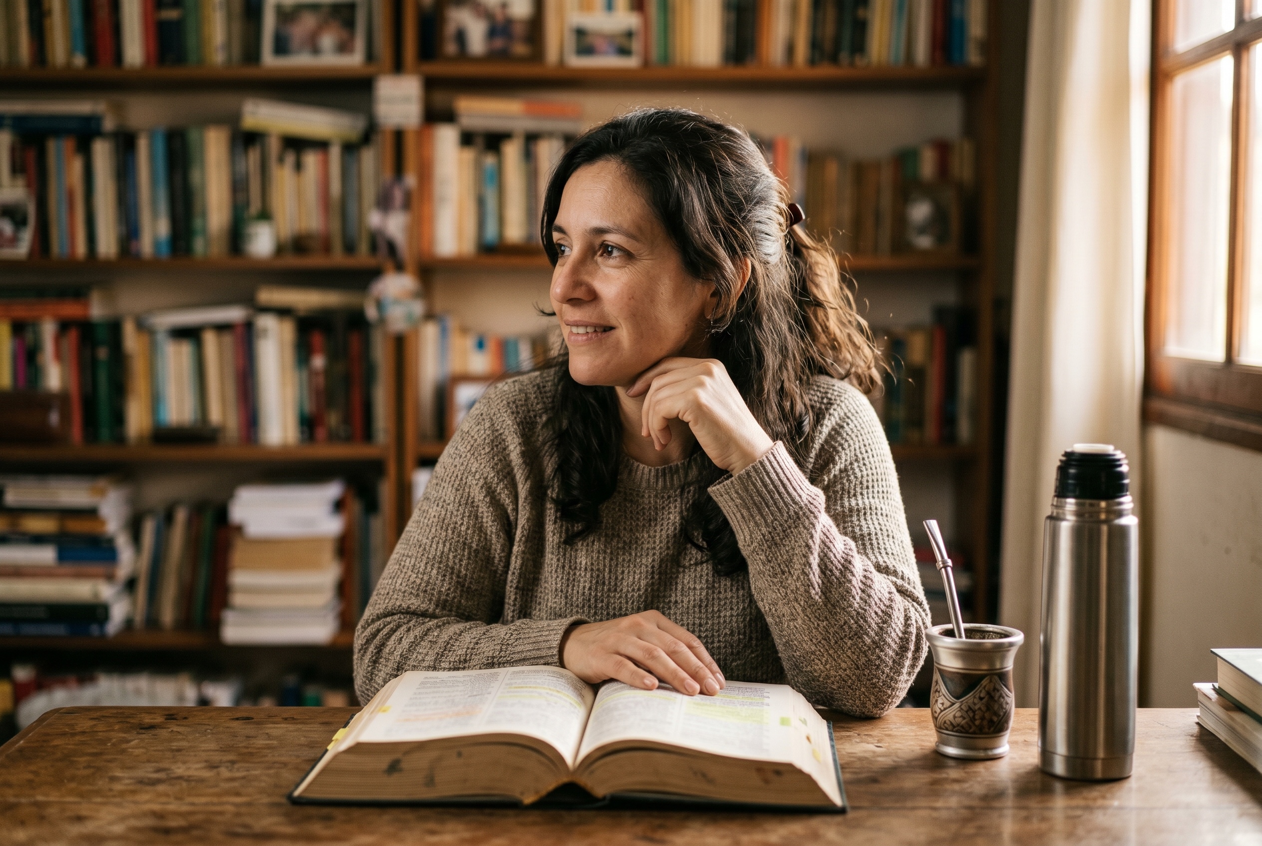 Paraguayan Spanish tutor and adult student in conversation with a tereré guampa on the table — Strommen