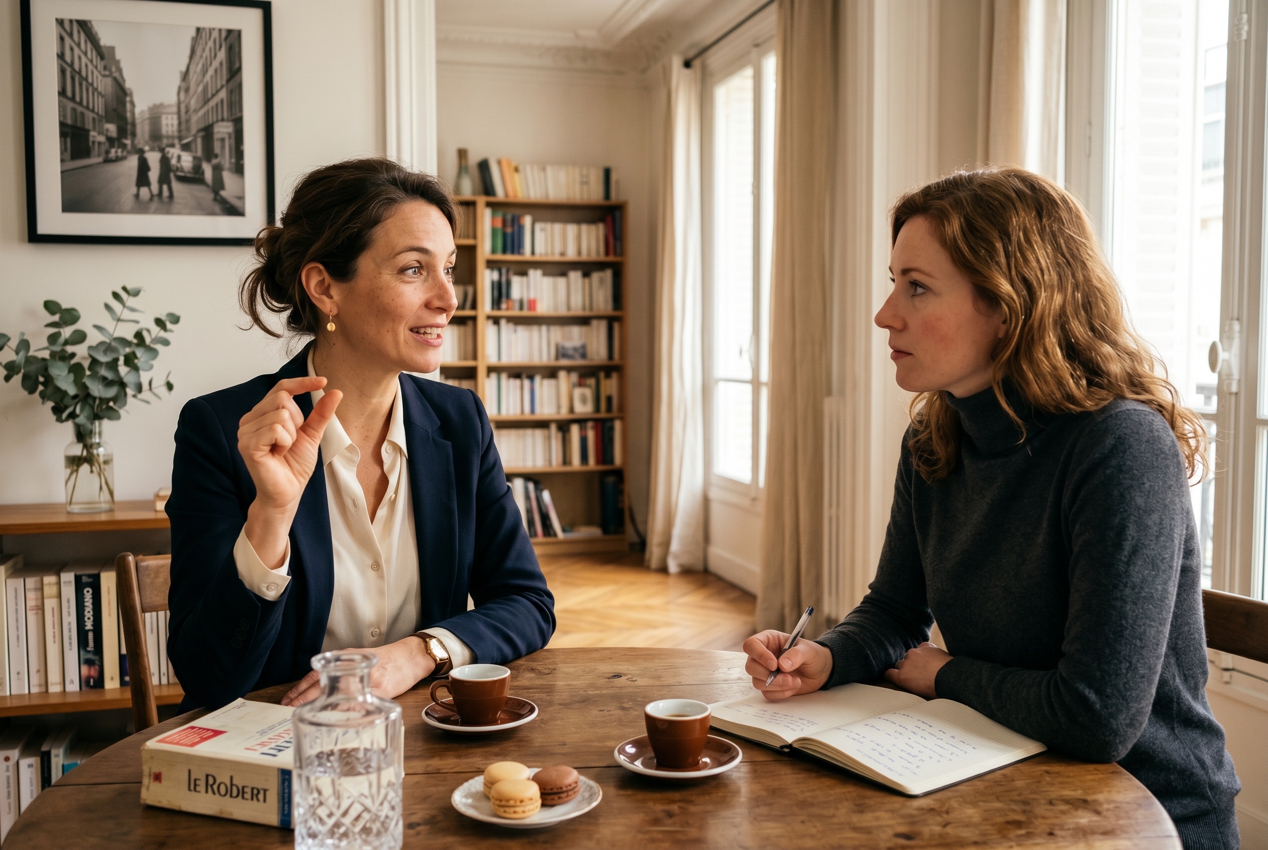 Parisian French tutor and adult student in conversation in a Haussmannian apartment — Strommen