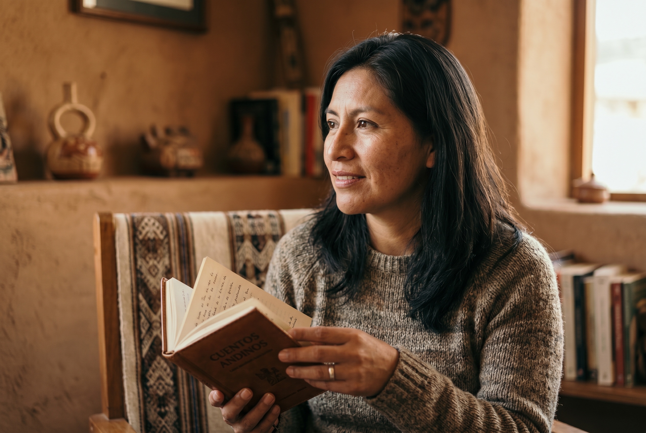 Peruvian Spanish tutor and adult student in conversation in a sunlit Lima apartment — Strommen