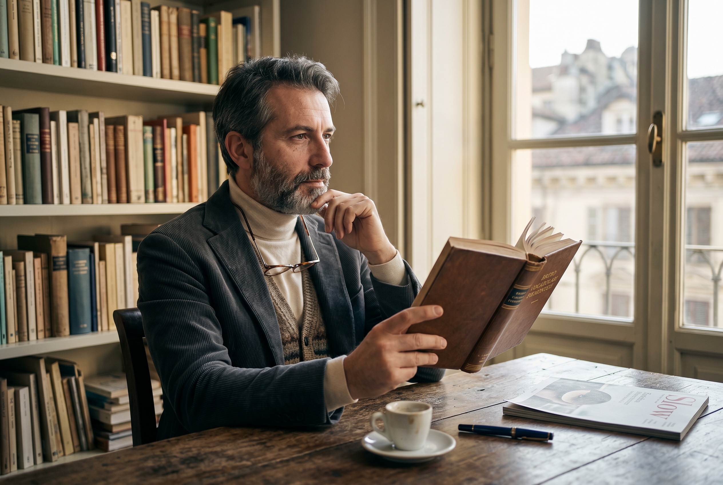 Piedmontese tutor and student working through a Brero dictionary and Langhe-region notebook in a sunlit Turin interior