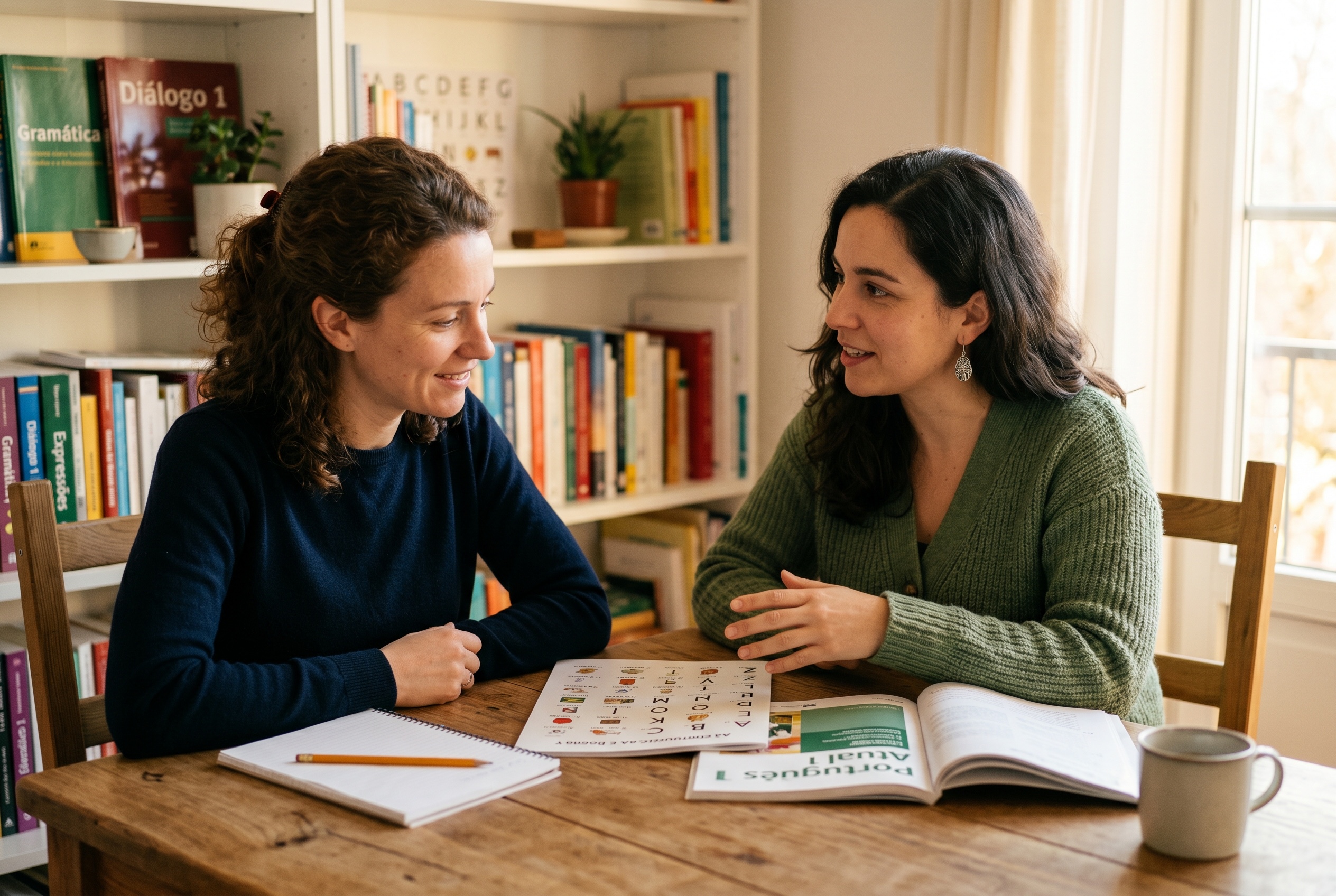 Portuguese tutor introducing basic vocabulary to an adult beginner student — Strommen