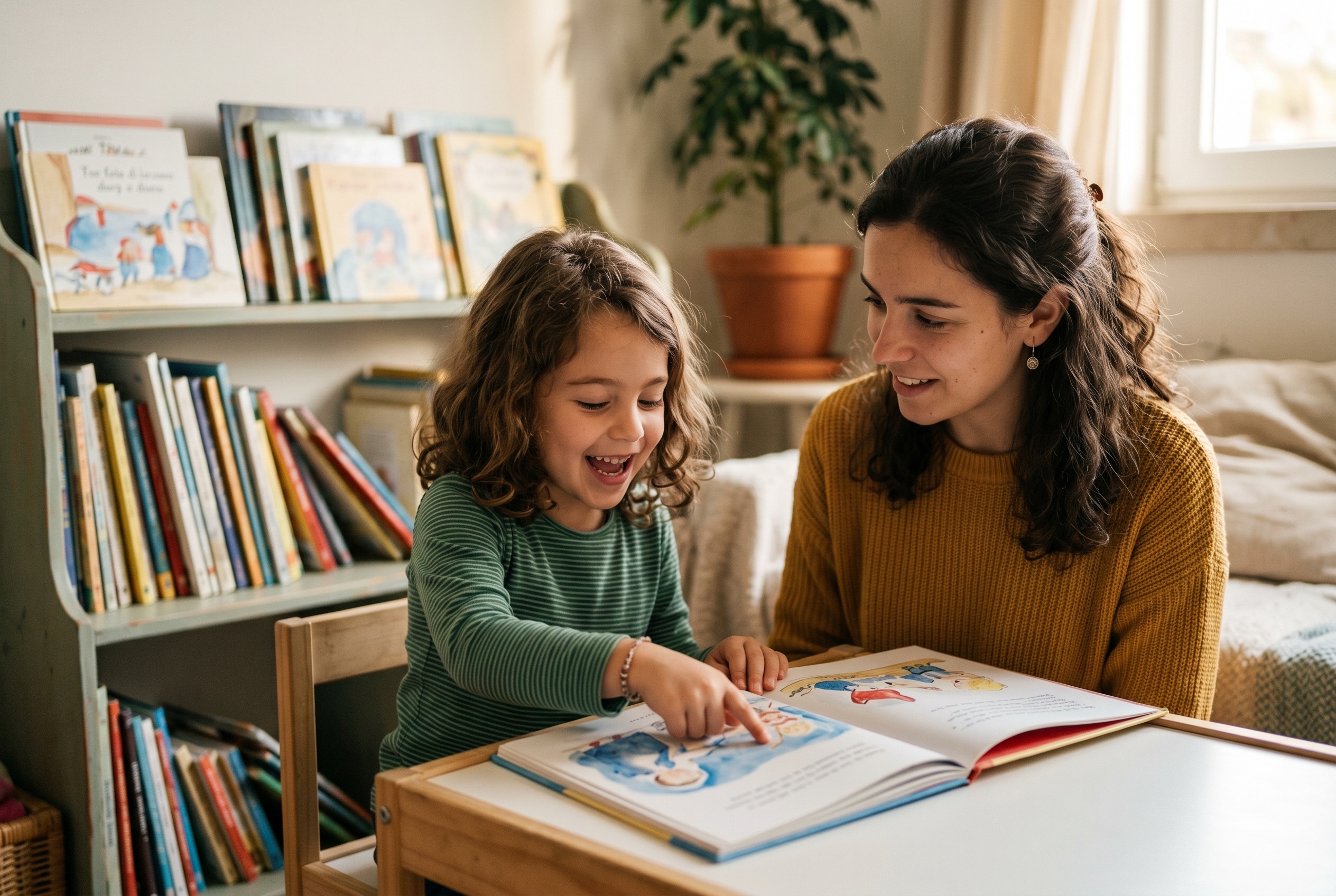 Portuguese tutor reading a picture book with a young heritage student — Strommen