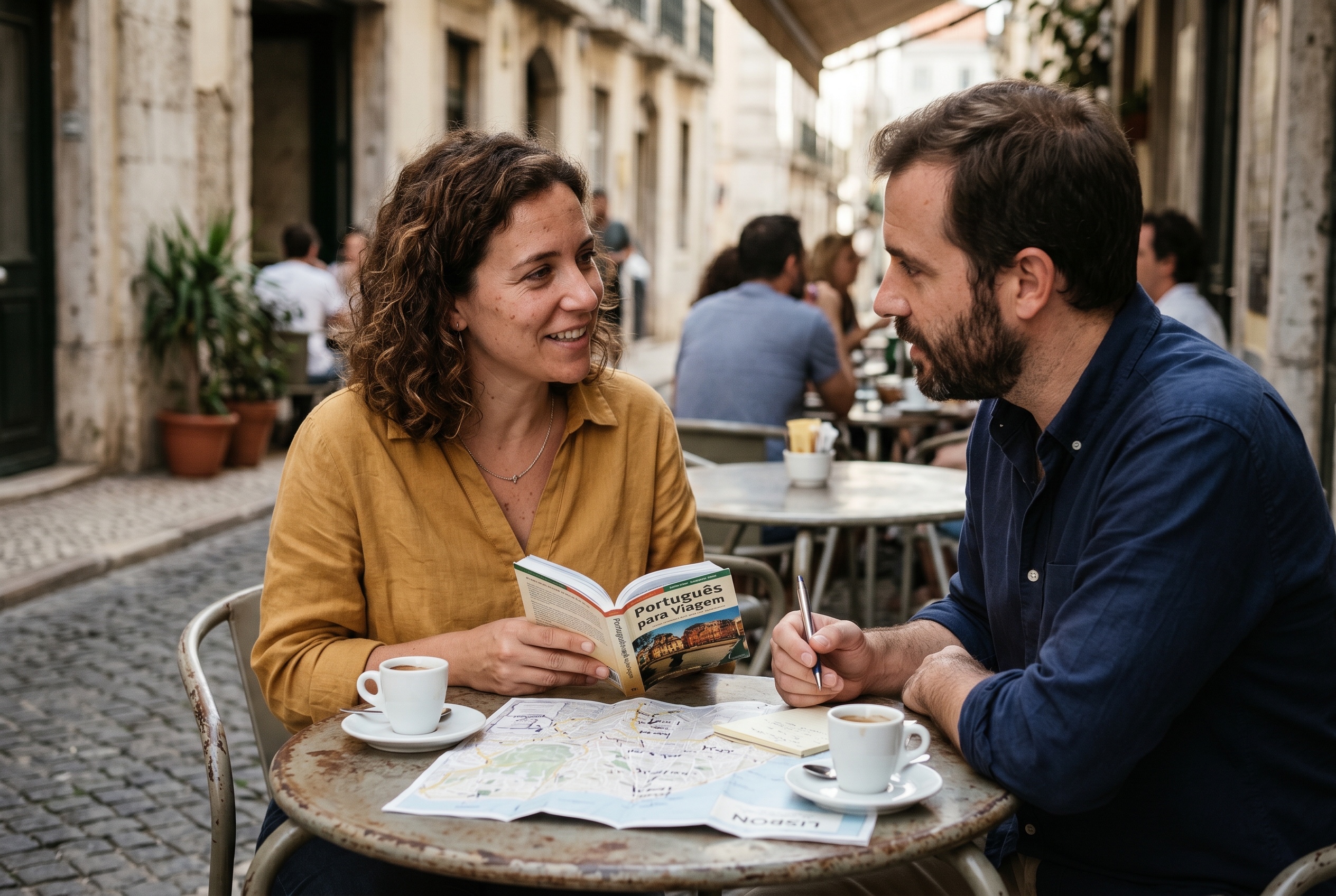 Portuguese tutor preparing an adult student for a trip to Lisbon over coffee — Strommen