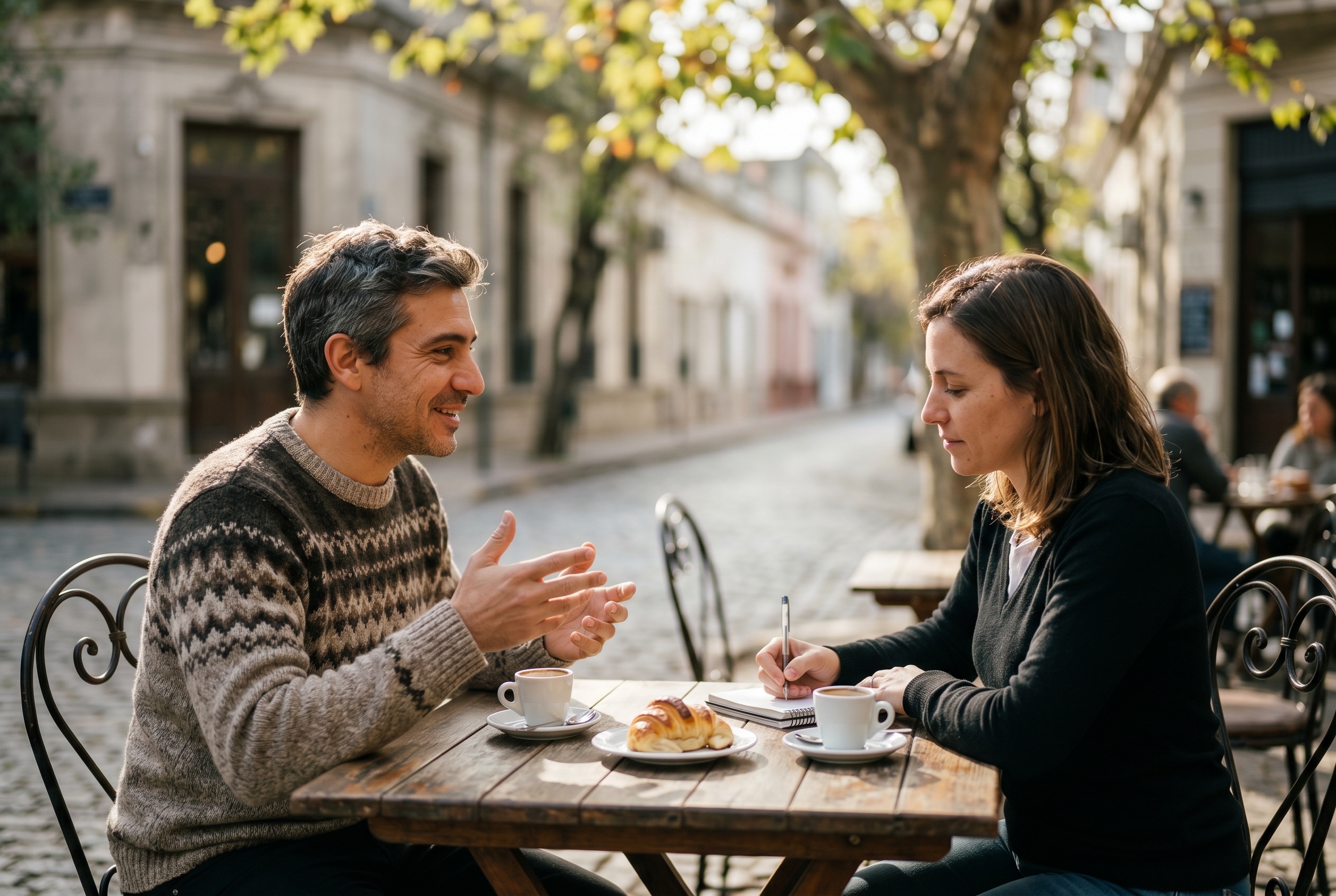 Rioplatense Spanish tutor and adult student in conversation with yerba mate on the table — Strommen