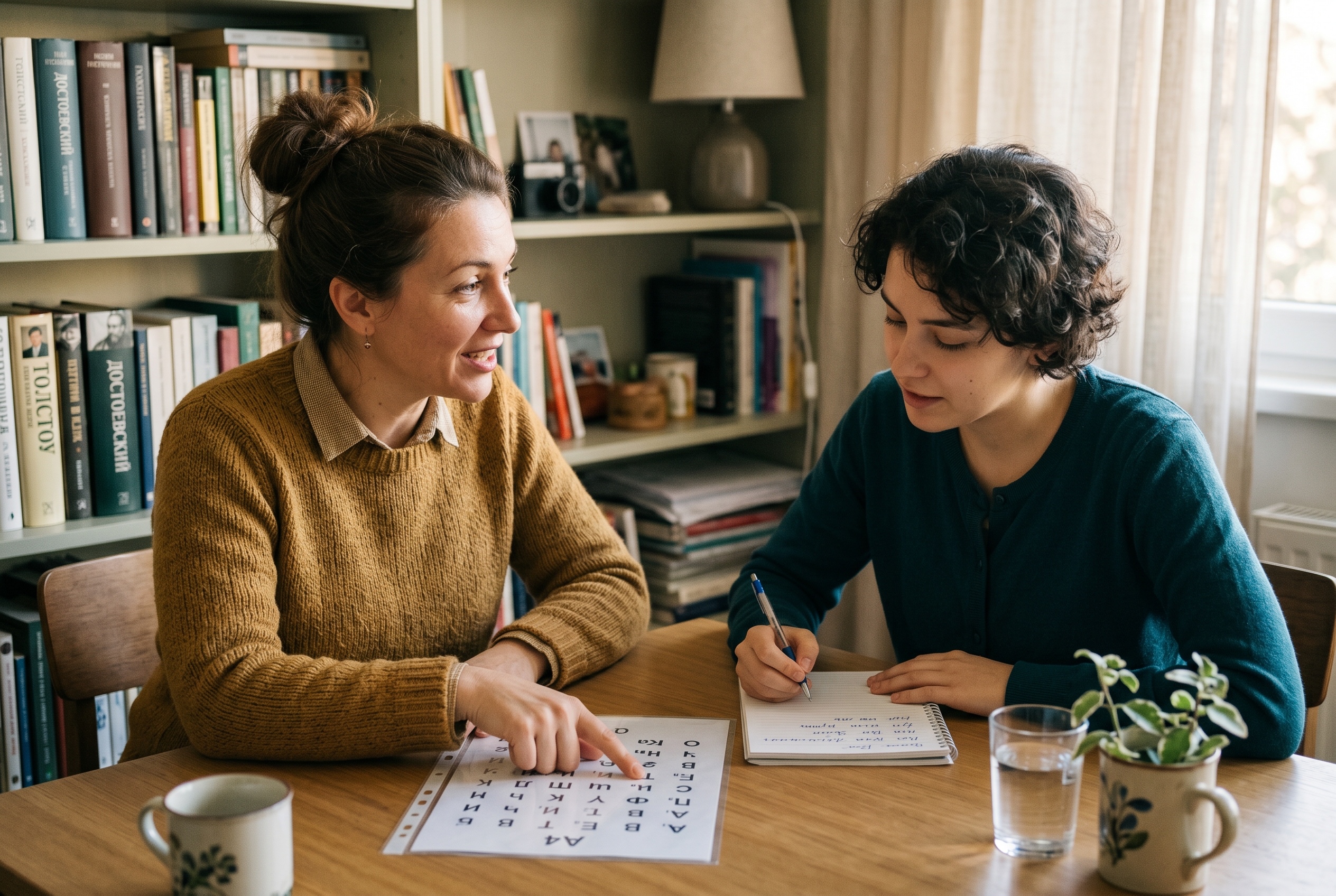 Russian tutor teaching a beginner student the Cyrillic alphabet — Strommen